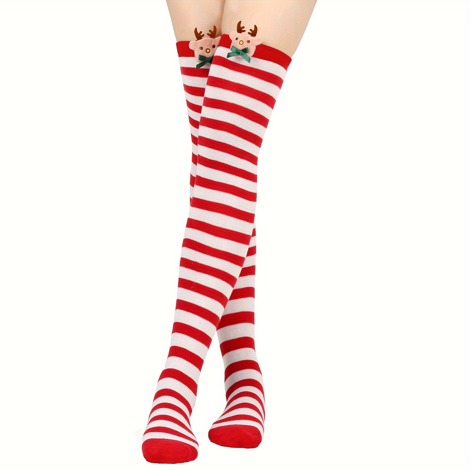 Red/White Candy Striped Thigh High Stockings with Bows