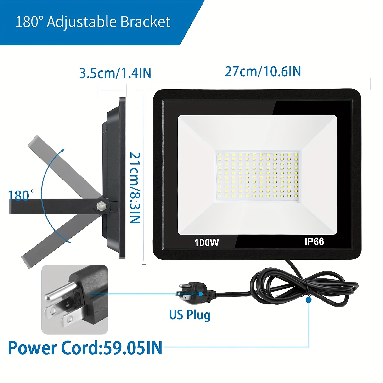 stadium garage playground-1 pack 100w led flood light outdoor floodlight fixture with plug in ip 66 waterproof led work light 6500 k security light for yard garden stadium garage playground details 2