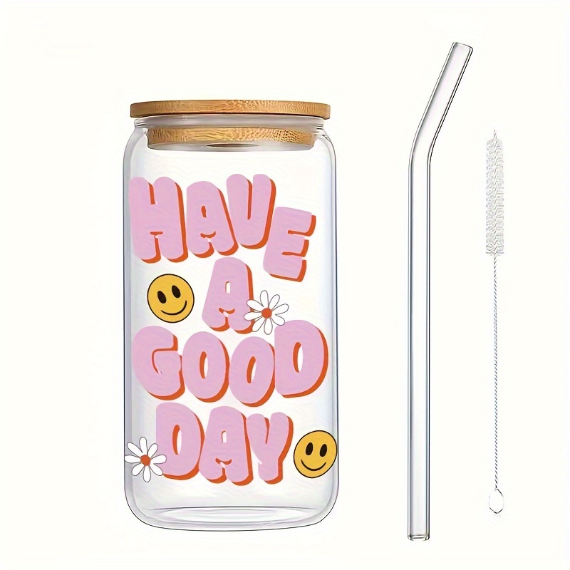 Smiley Iced Coffee Glass Smiley Glass Cup, Soda Can Glasses 16oz Glass Cups  With Smiley Faces, Happy Glass Cup With Reusable Straw Mason Jar 