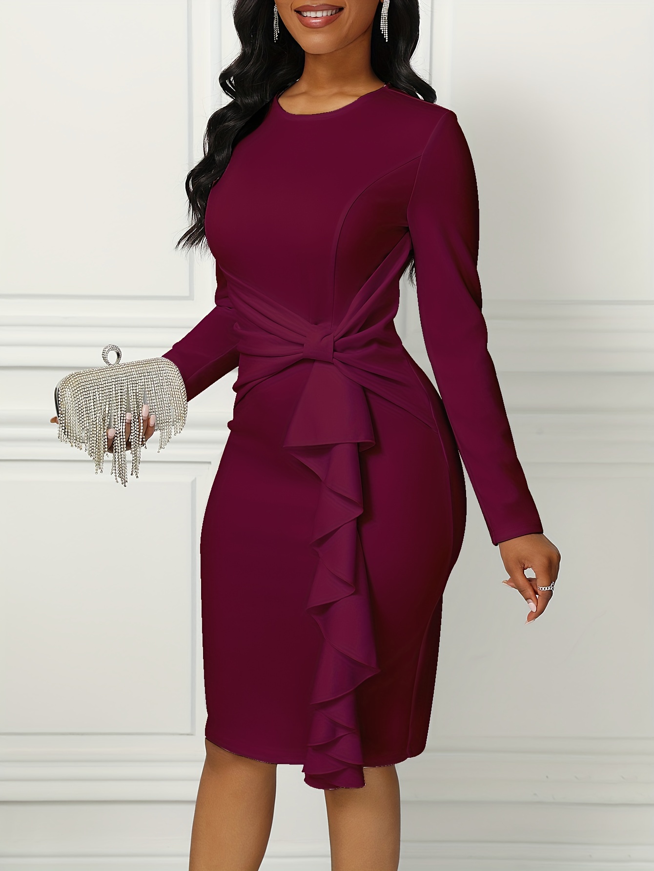  Dresses for Women - Ruffle Trim Belted Bodycon Dress