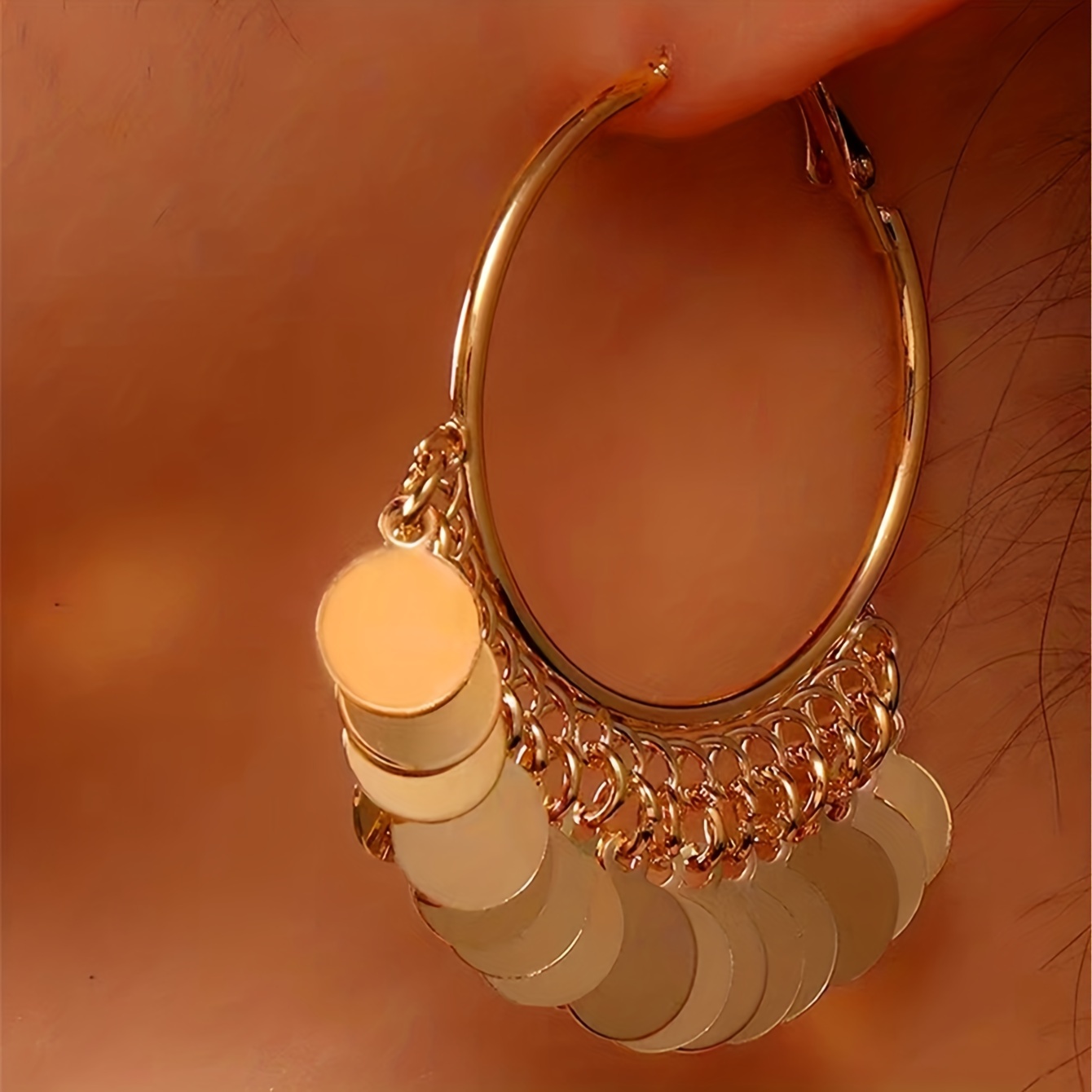 

Round Sheets Tassel Hoop Earrings Bohemian Elegant Style Iron 14k Plated Jewelry Trendy Female Gift