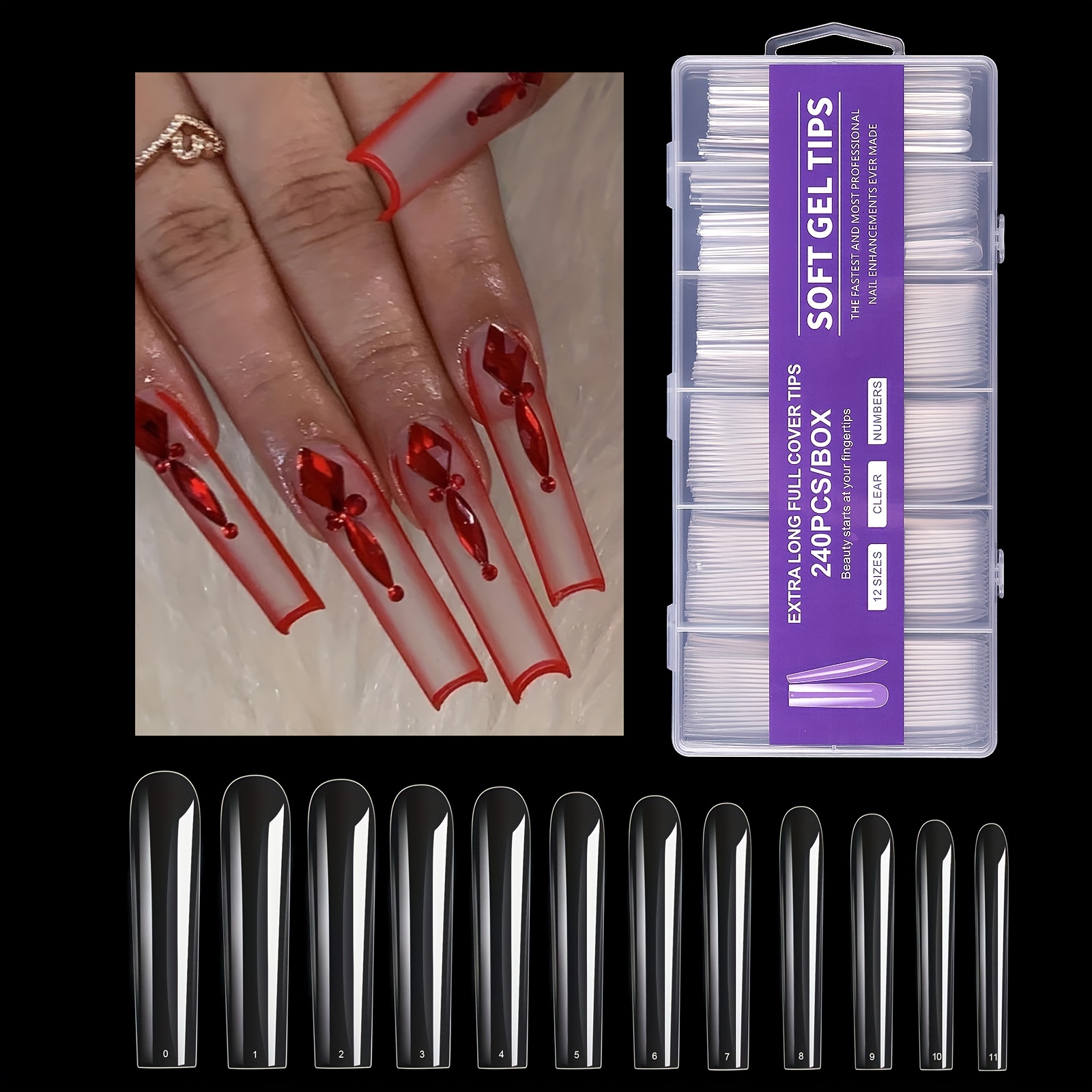 

240pcs Full Cover Long Coffin Gel Nail Tips Set - 12 Sizes For Diy Nails Salon At Home - Clear Acrylic Press On Nails With French Tips For Beautiful And Durable Manicure