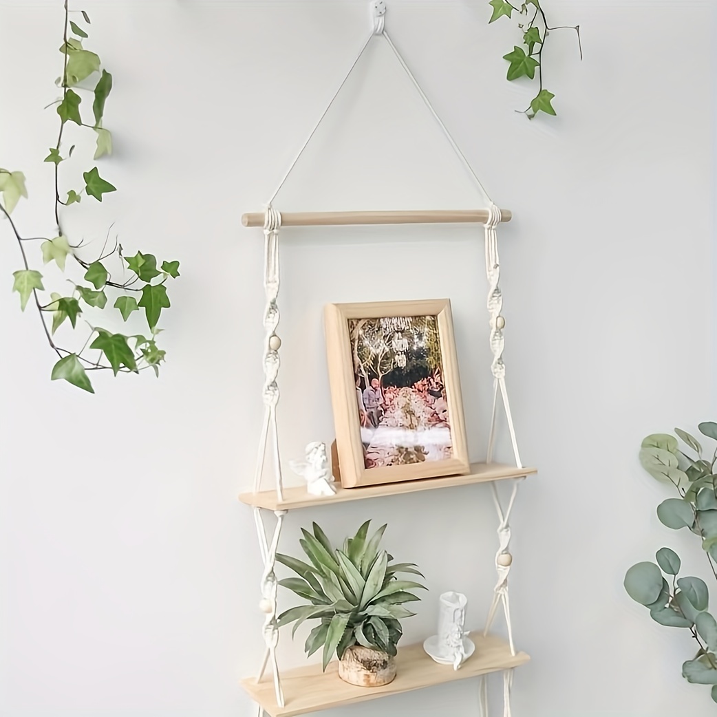 1pc Wood Hanging Shelf, Double Layer Wooden Wall Art Storage Shelf With  Rope Organizer, For Home Garden Use Room Decor
