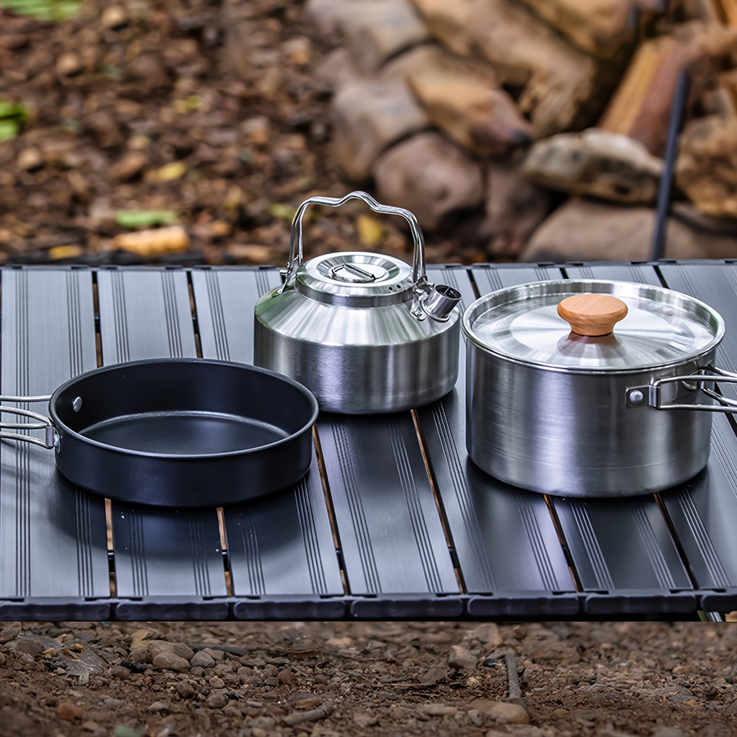 Kit de cuisine de camping avec bouilloire, batterie de cuisine pour 3 à 4  personnes, portable en acier inoxydable pour camping, randonnée, cuisine en