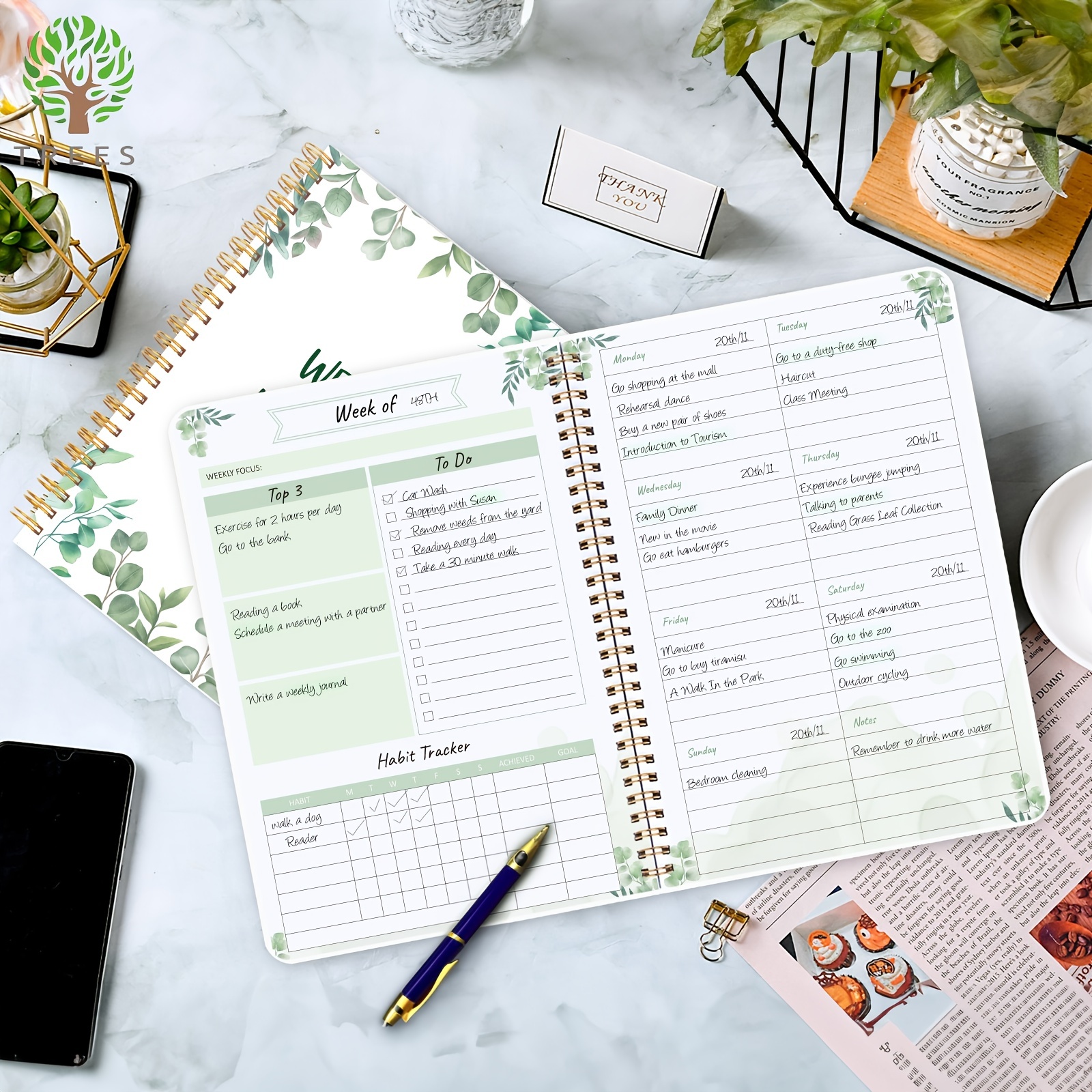 Trees Flower Weekly Notebook Undated Goals Planner Agenda - Temu