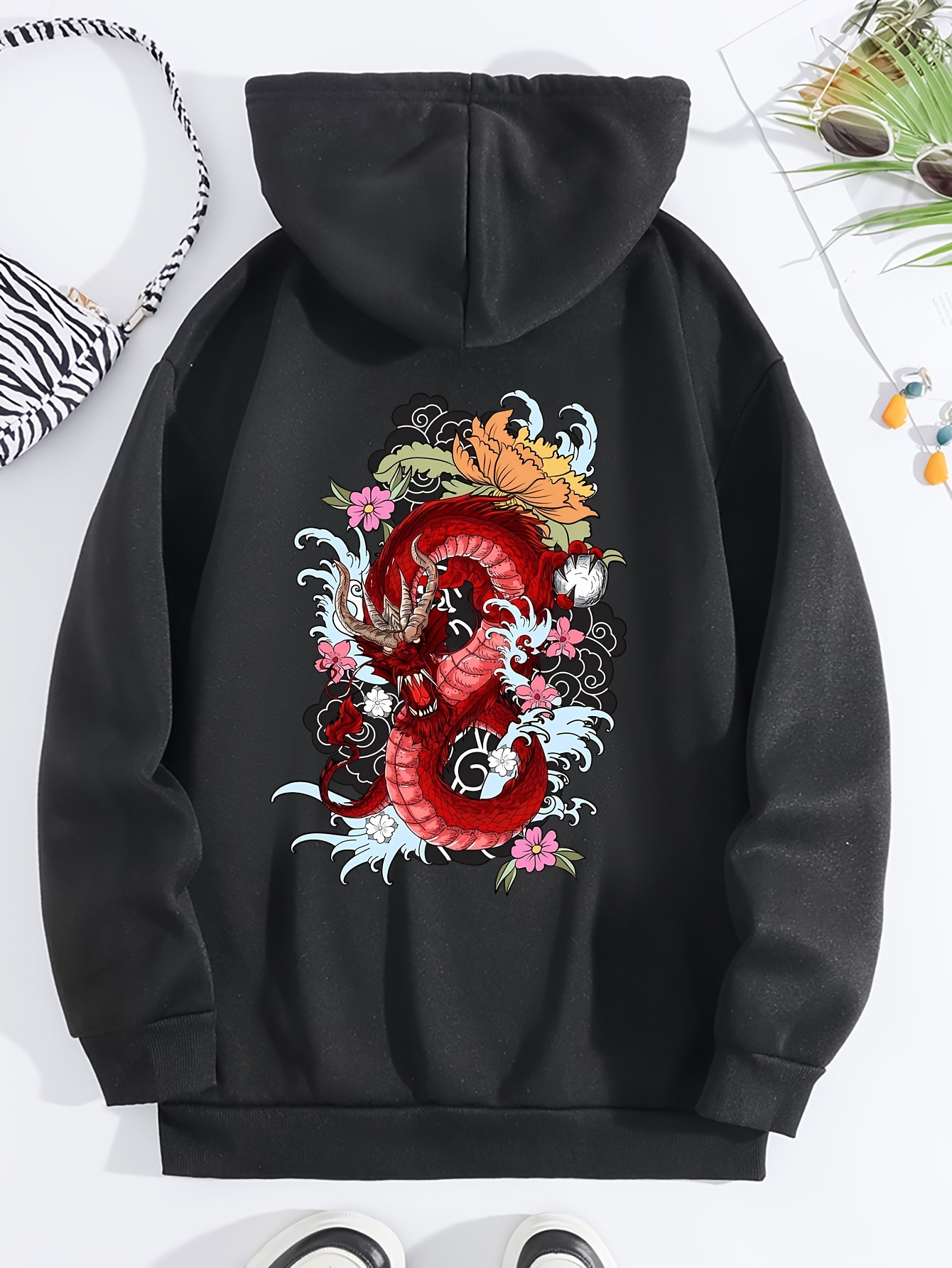 Dragon Print Two tone Hoodie Casual Long Sleeve Drawstring - Temu