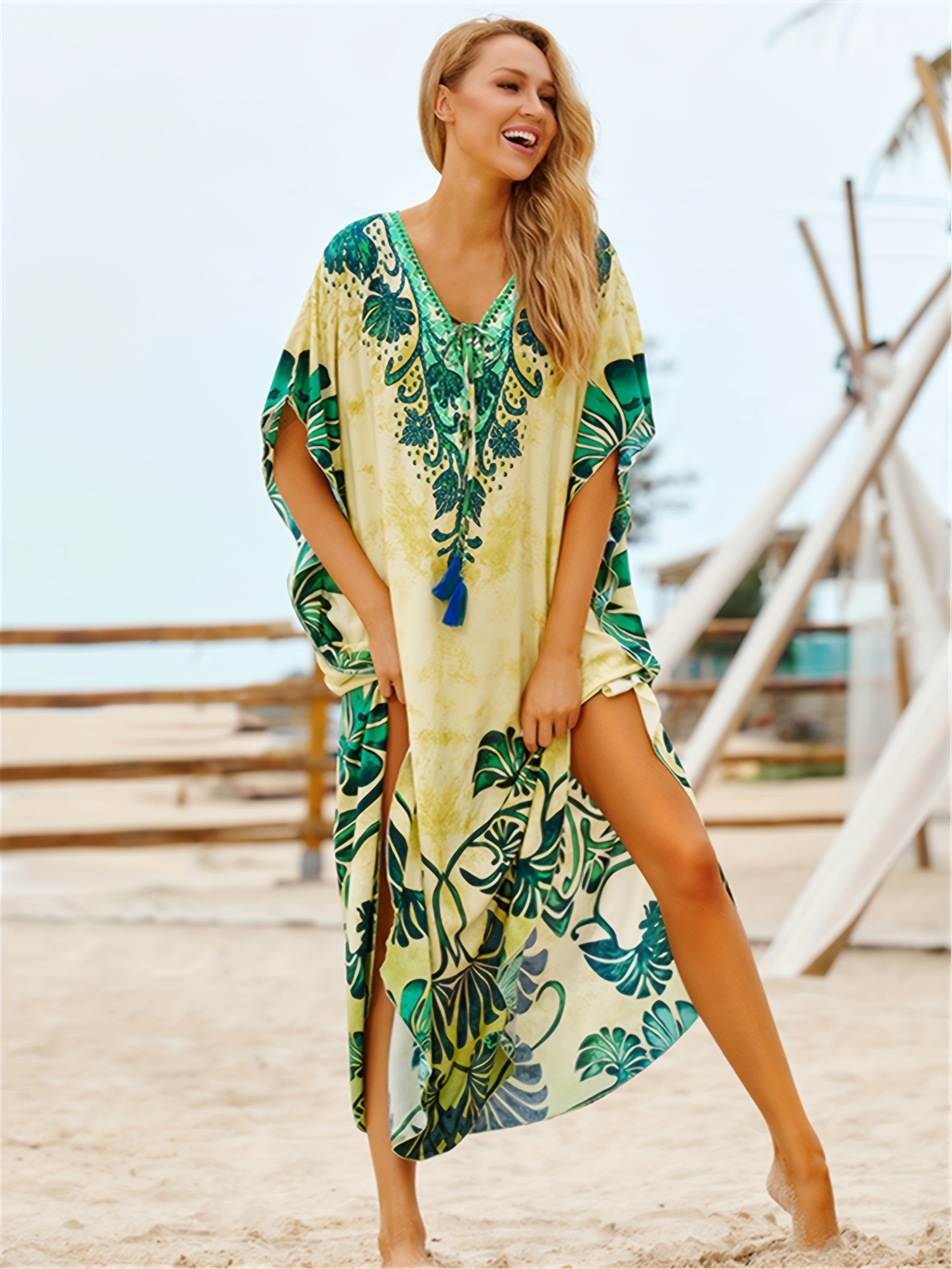 Floral Print Split Cover Dress V Neck Short Sleeve Beach - Temu Canada