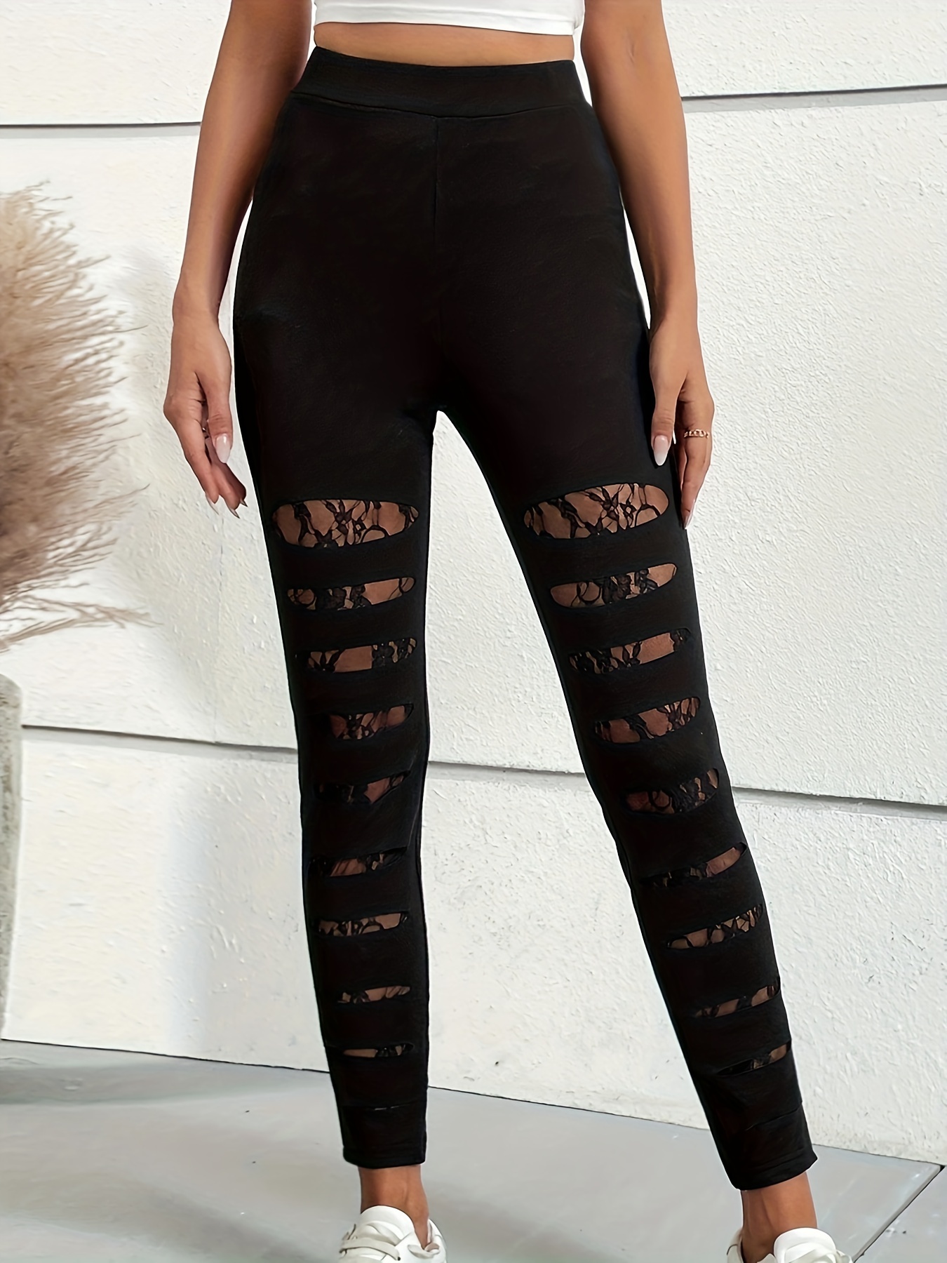 Plus Size Sexy Pants, Women's Plus Lace Up Front High Waisted Medium  Stretch Skinny Leggings