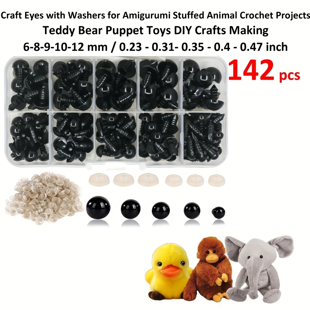 100 Pcs Safety Eyes for Crochet Animals, 6 mm/8 mm/9 mm/10 mm/12 mm,  Plastic Doll Eyes, Craft Eyes with Washers, Button Eyes for Sewing on Plush  Toys, Cuddly Toys, Doll, Amigurumi (Black)