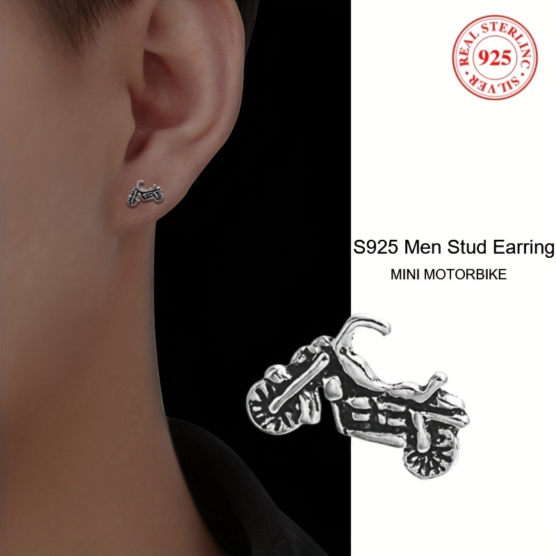 

1pair Sterling Silver Motorcycle Design Stud Earrings, Rock Vintage Motorbike Ear Studs Jewelry For Men
