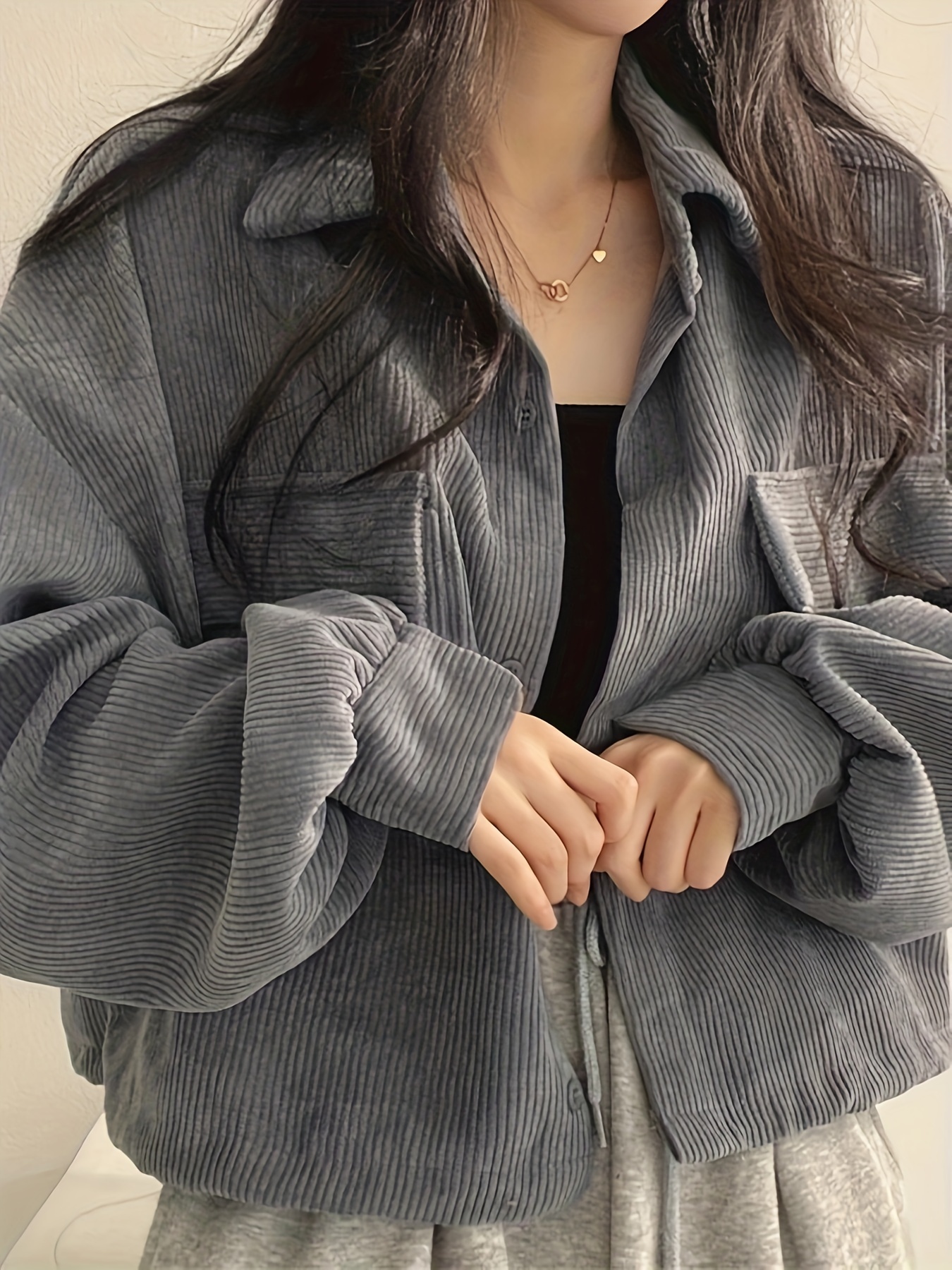 button front flap pockets jacket casual long sleeve jacket for fall winter womens clothing details 5