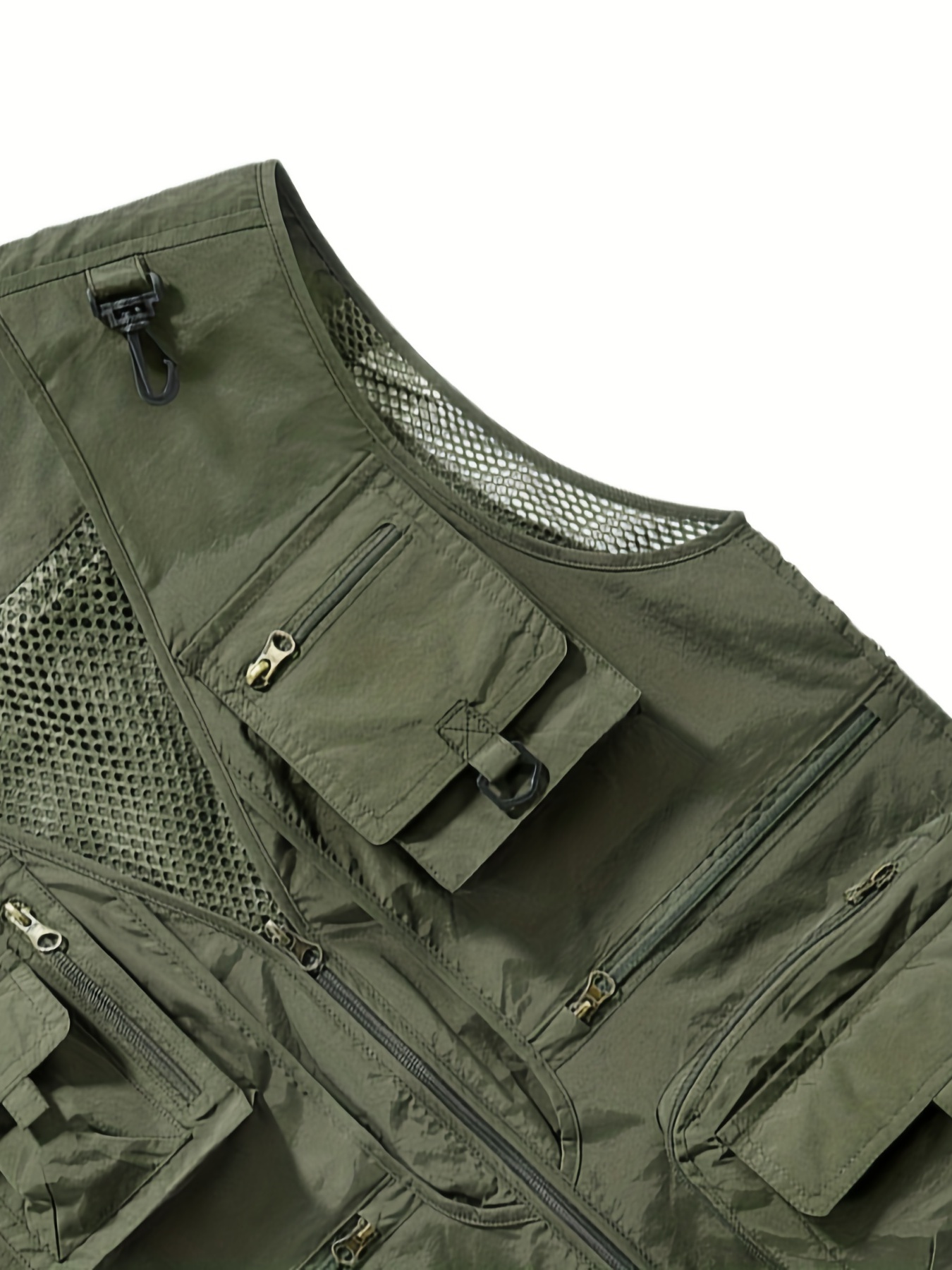 Mens Hooded Mesh Multiple Pockets Traveling Vest Army Green XL