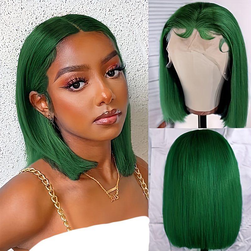 Colored 13x4 Bob Wigs Human Hair 180 Density Dark Green Temu Canada