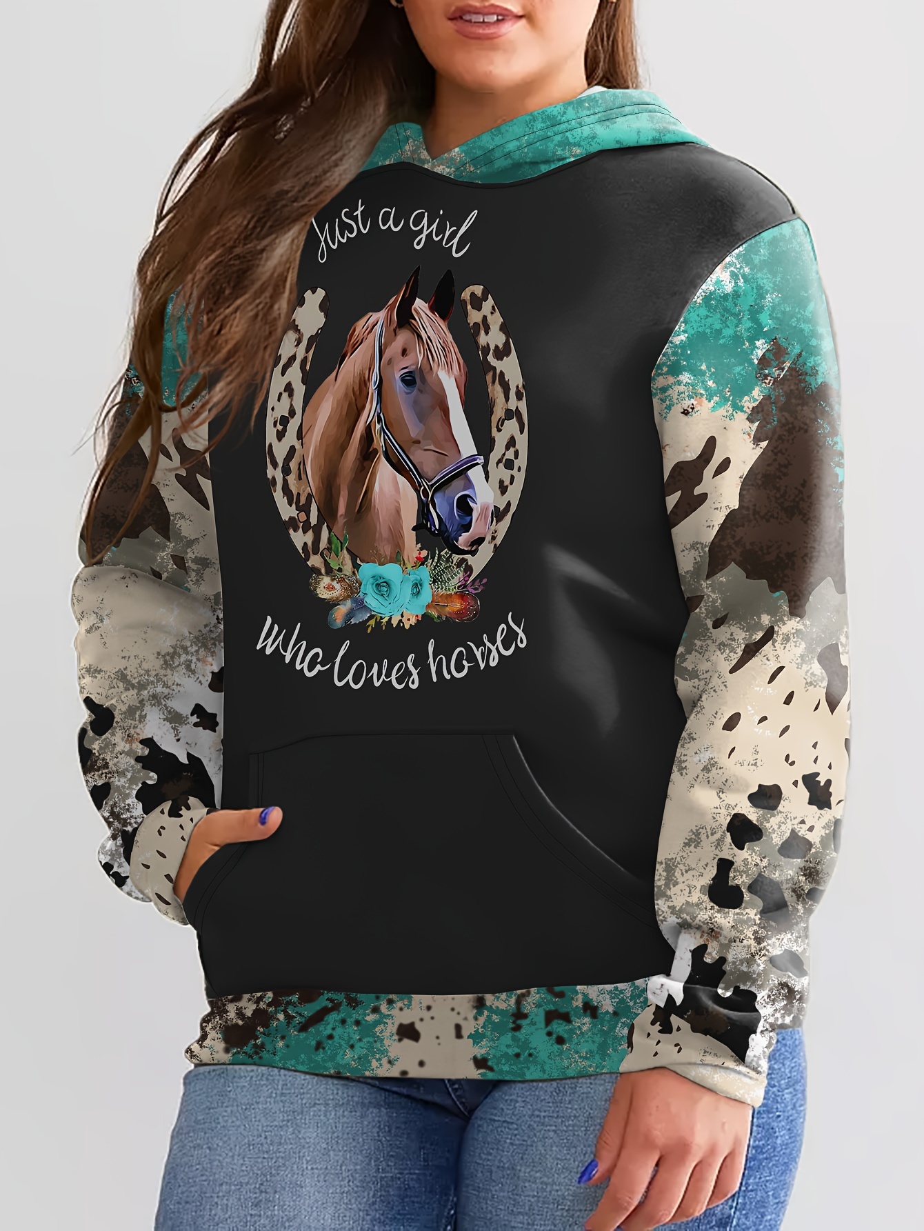 Horse Print Kangaroo Pocket Hoodie Casual Long Sleeve Temu