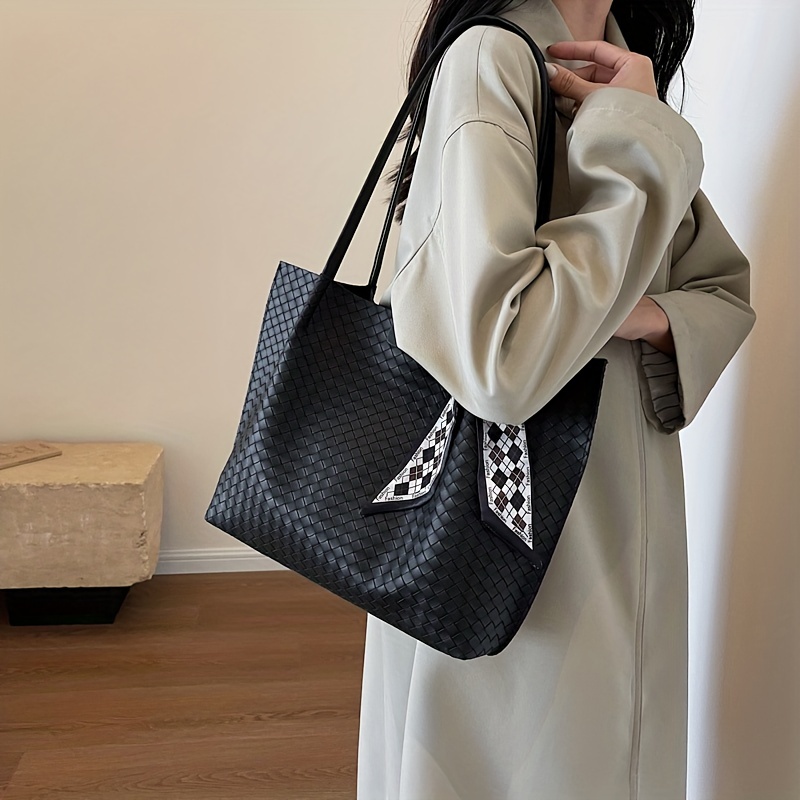 Minimalist Braided Design Tote Bag, Solid Color Large Shoulder Commuter Bag  With Scarf Decor