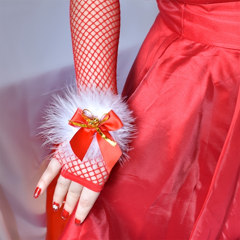 Christmas Bow Faux Fur Mesh Gloves Red Decoration Fishing - Temu