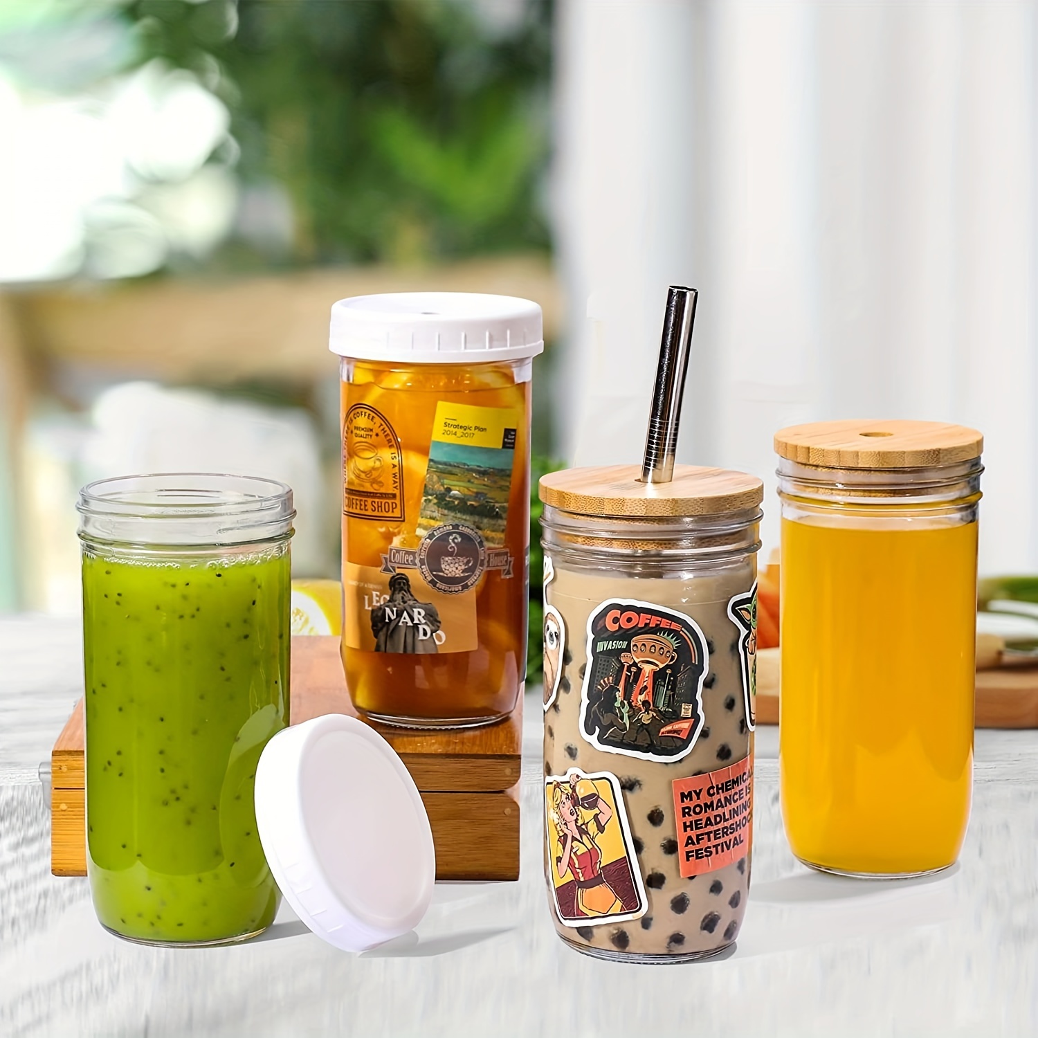 Iced Coffee Cups With Lids And Stainless Steel Straws,, Mason Jar Glass  Tumbler, Reusable Boba Cups, Iced Coffee Drinking Glasses For Bubble Tea,  Smoothies, Juice - Temu