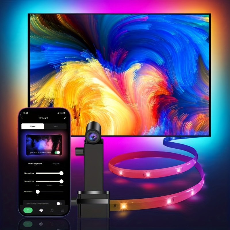 TV LED Backlight With Camera,5.0meter RGB+IC Led TV Light,For 127.0-190.5  cmTVs/PC Monitor Behind Lights, Rainbow Color Led TV BackLight,App Control,M