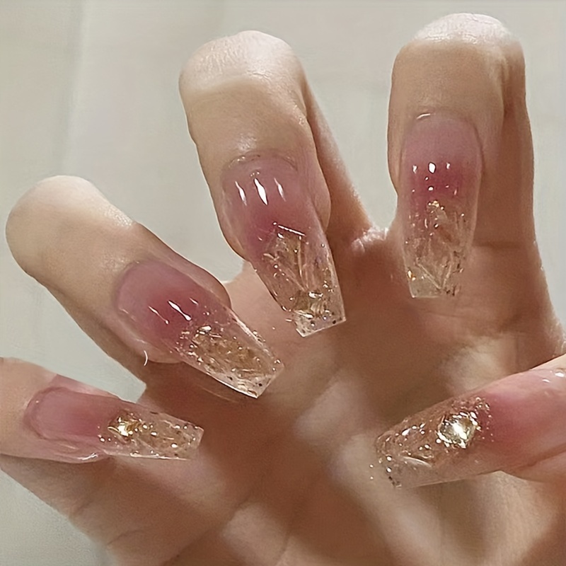

24pcs Glossy Long Ballet Fake Nails, Nude Press On Nails With Golden Glitter And Rhinestone Design, Sparkling Full Cover False Nails For Women Girls