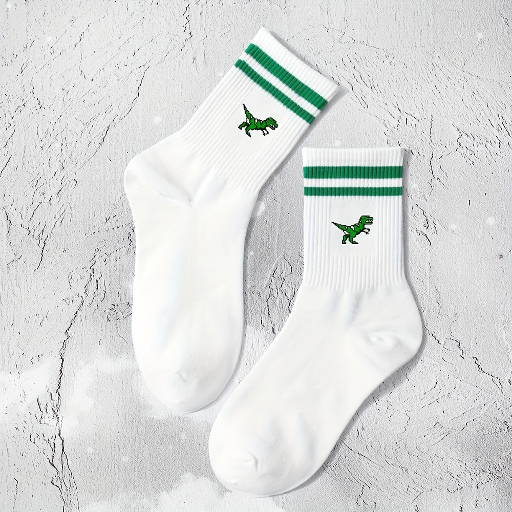 

Dinosaur & Striped Print Socks, Sports & Breathable Mid Tube Socks, Women's Stockings & Hosiery