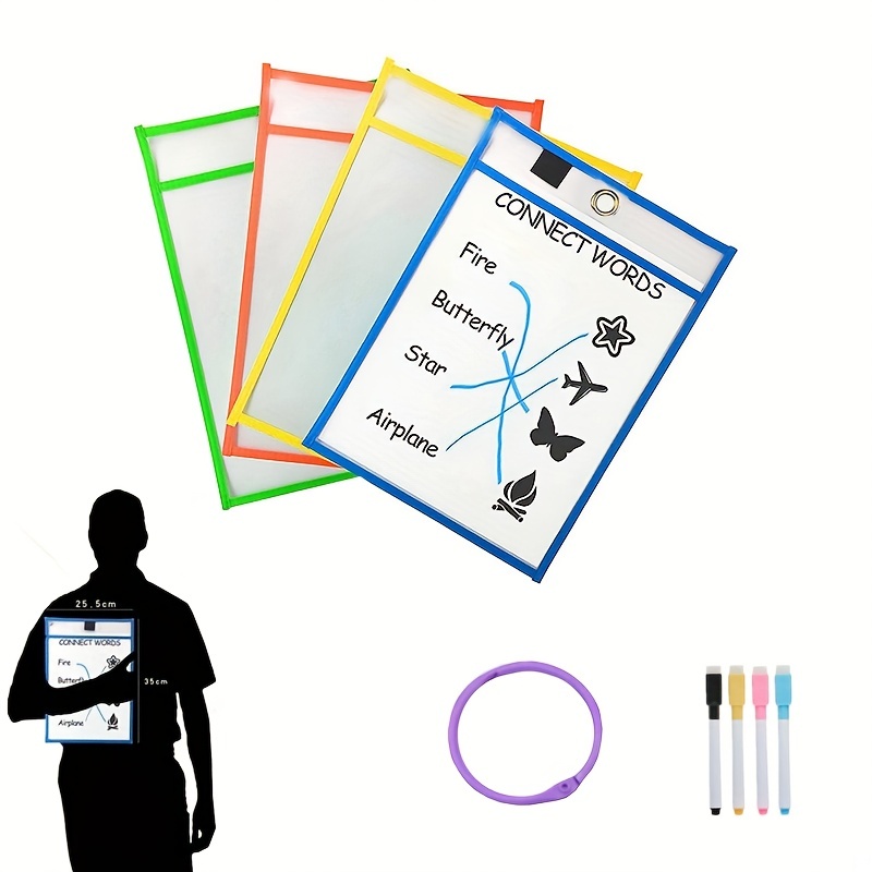4 Sets Dry Erase Pockets Reusable with Marker Holder Colorful Sleeves