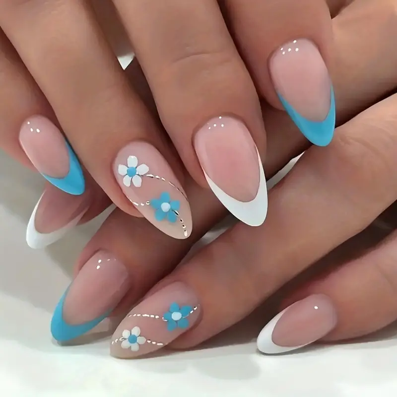 Glossy Blue White French Tip Press On