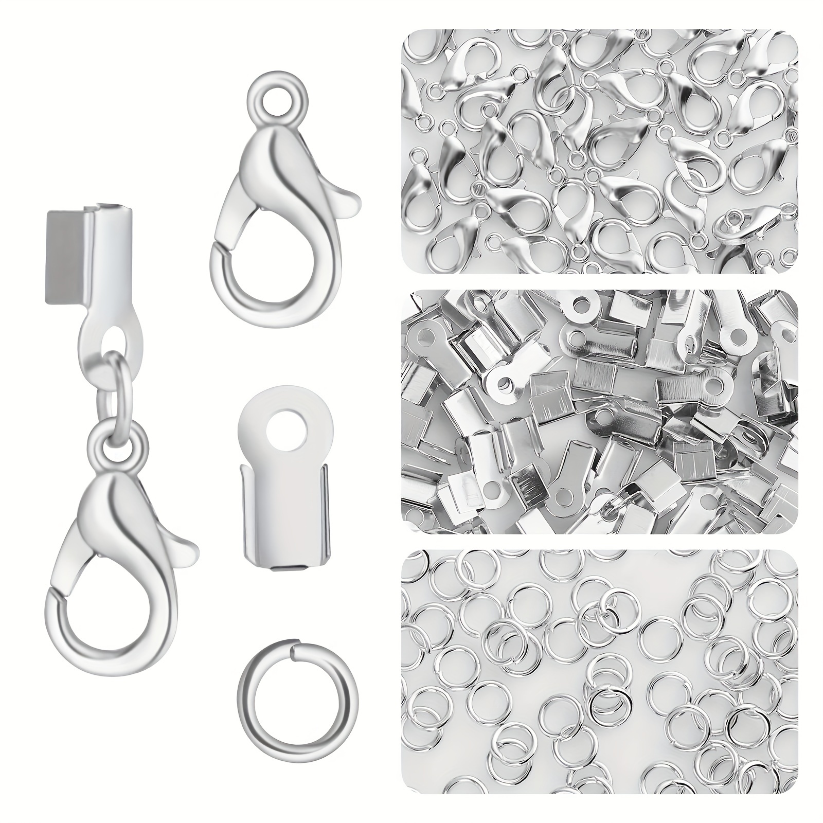 

450 Piece Jewelry Making Accessories Kit Include 200 Fold Over Cord End Caps Crimp End Tips 200 Jump Ring Connectors And 50 Lobster Claw Clasps For Jewelry Making And Repairing