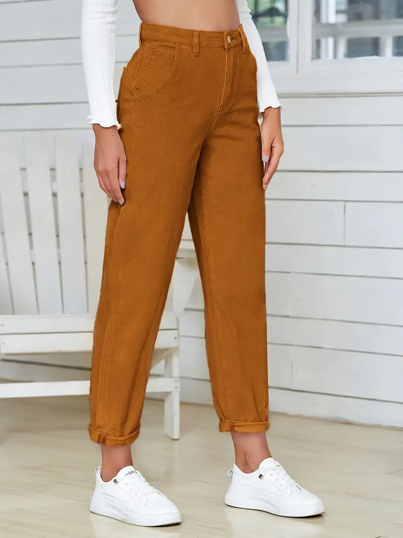 Corduroy Denim Bloomers Dark Brown High Waist Tapered Pants Rolled Jeans,  Women's Denim Jeans