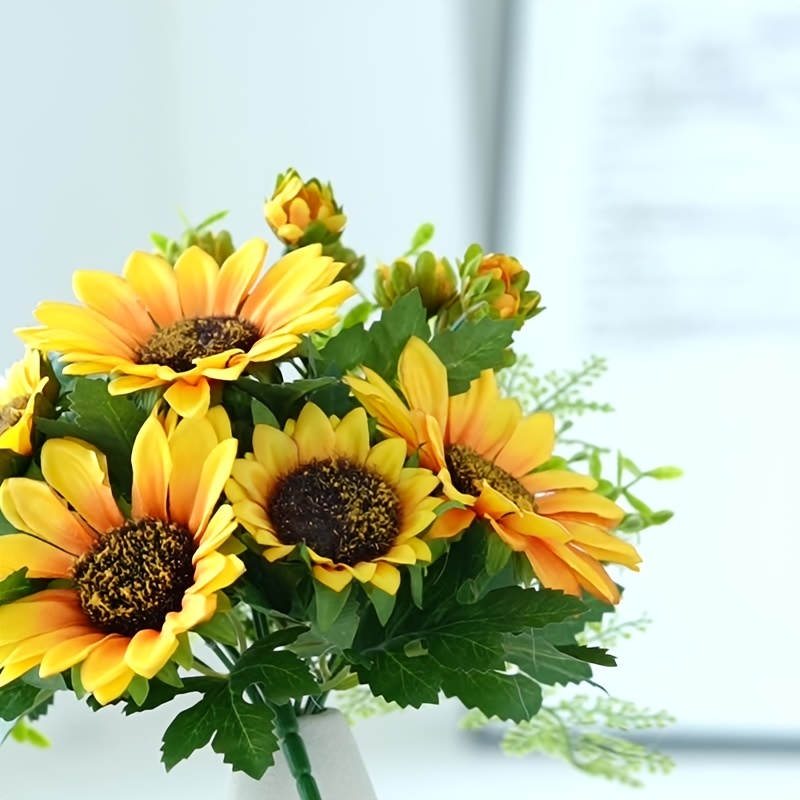 1pc Artificial Potted Sunflower, Artificial Sunflower Bouquets In Handmade  Rattan Vase For Home Office Table Kitchen Desktop Dinning Room Decoration