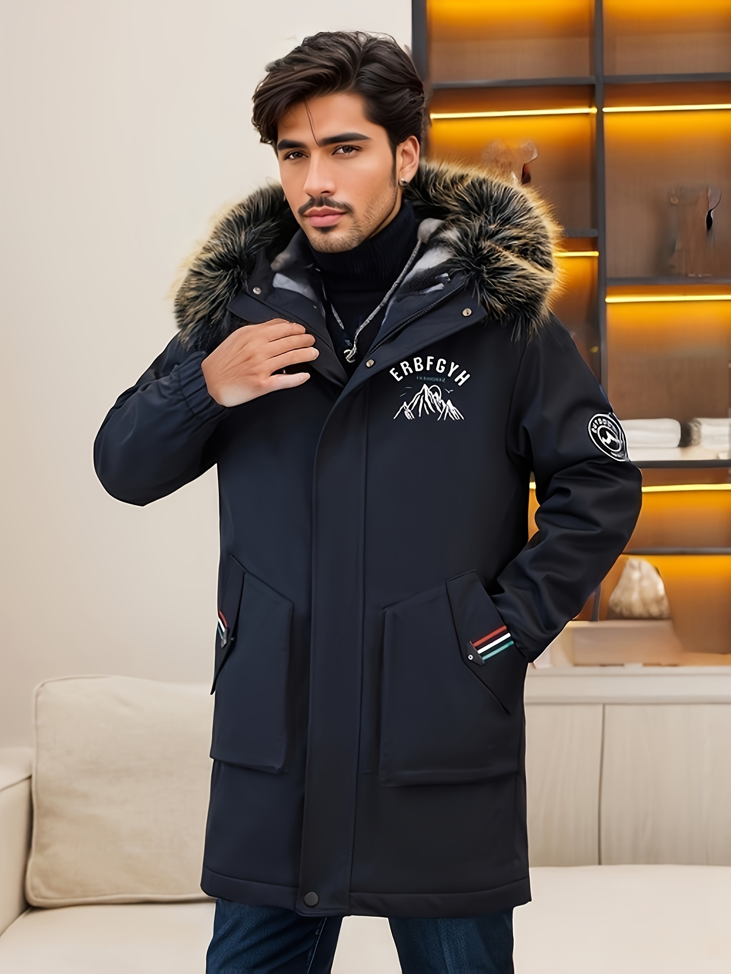 Men's Casual Mountain Print Hooded Warm Thick Jacket Chic - Temu United  Kingdom