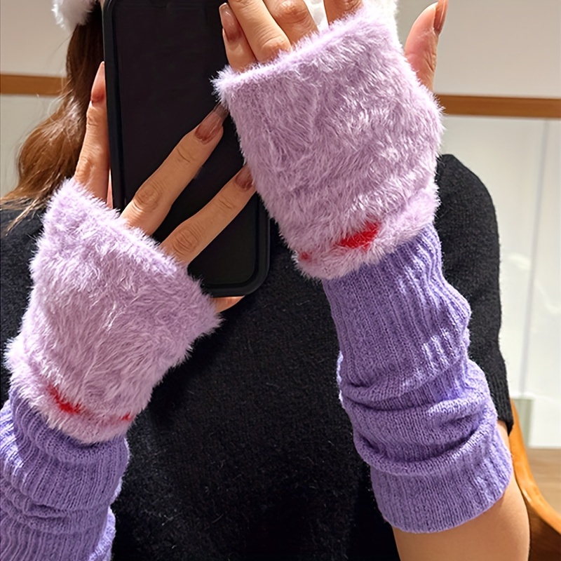 Heart Pattern Half Finger Winter Gloves Fingerless Plush - Temu Canada