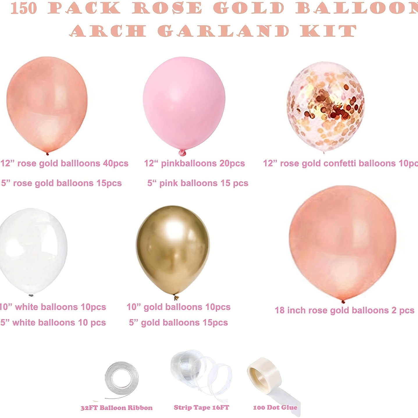  Rose Gold Balloon Garland Arch Kit, 150 Pieces Rose