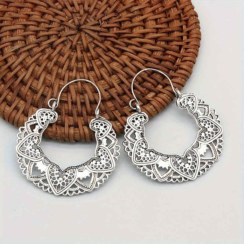 Exaggerated Vintage Boho Flower Carved Hoop Dangle Earrings - Temu