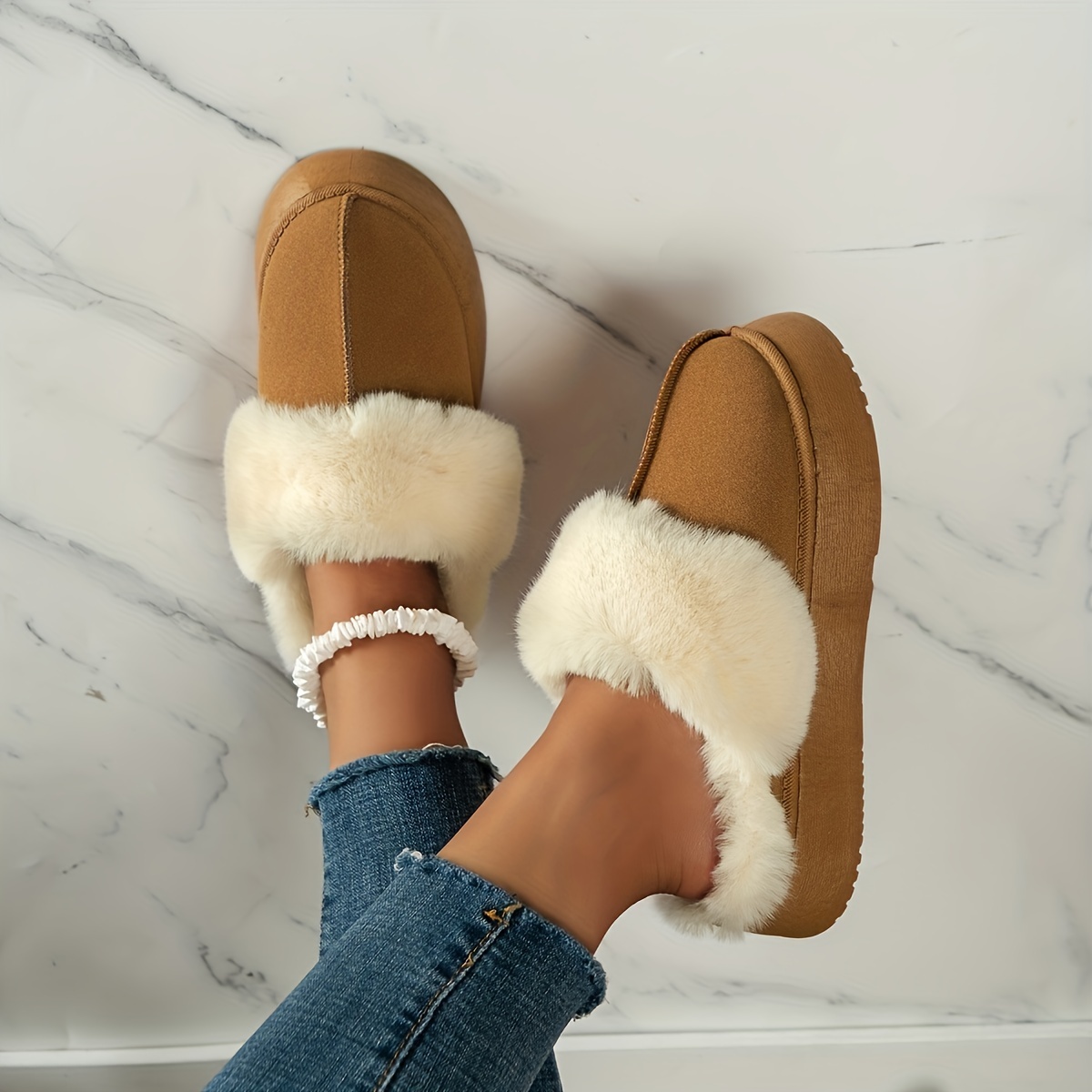 Women's Fluffy Ankle Snow Boots Slip On Platform Warm Slippers