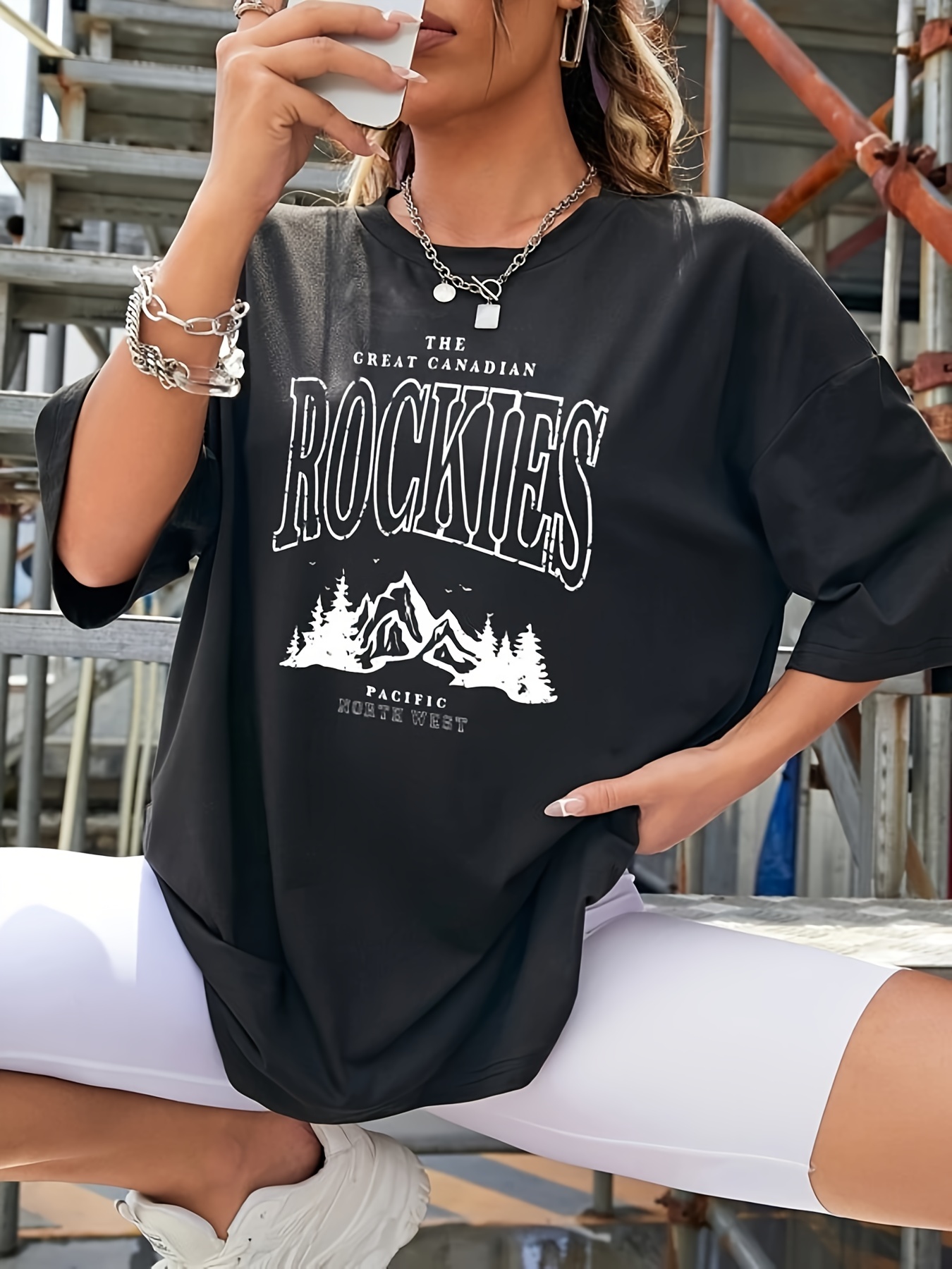 Rockies Print Graphic T Shirt Drop Shoulder Short Sleeve Casual