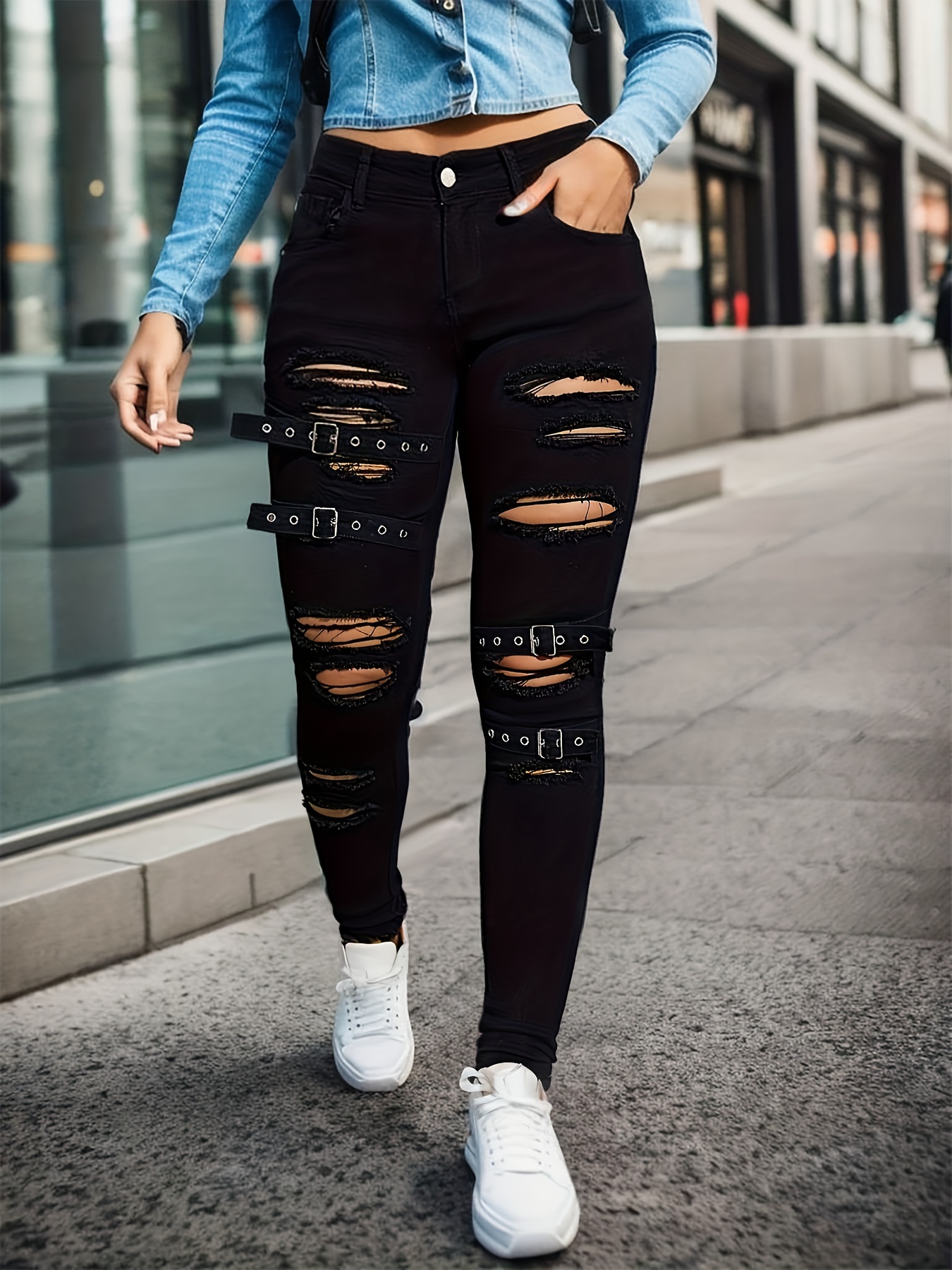 Ripped Grommet Buckle Detail Skinny Jeans Solid Black High - Temu