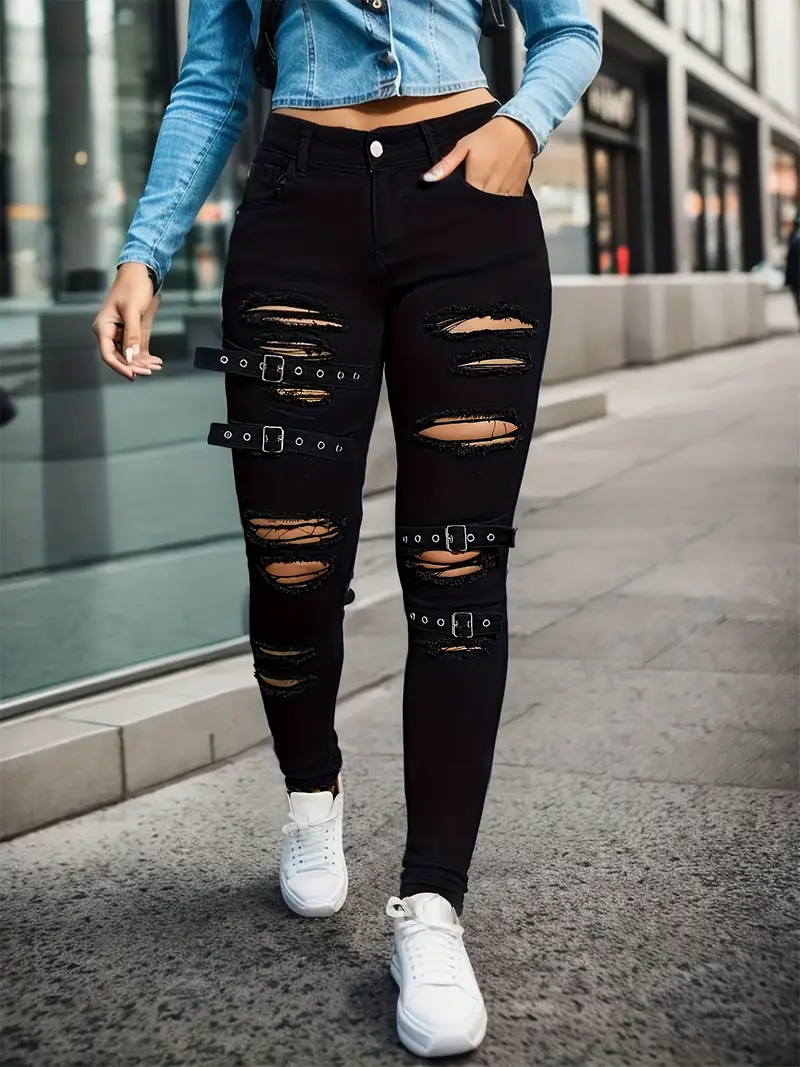 Ripped Grommet Buckle Detail Skinny Jeans Solid Black High - Temu Poland