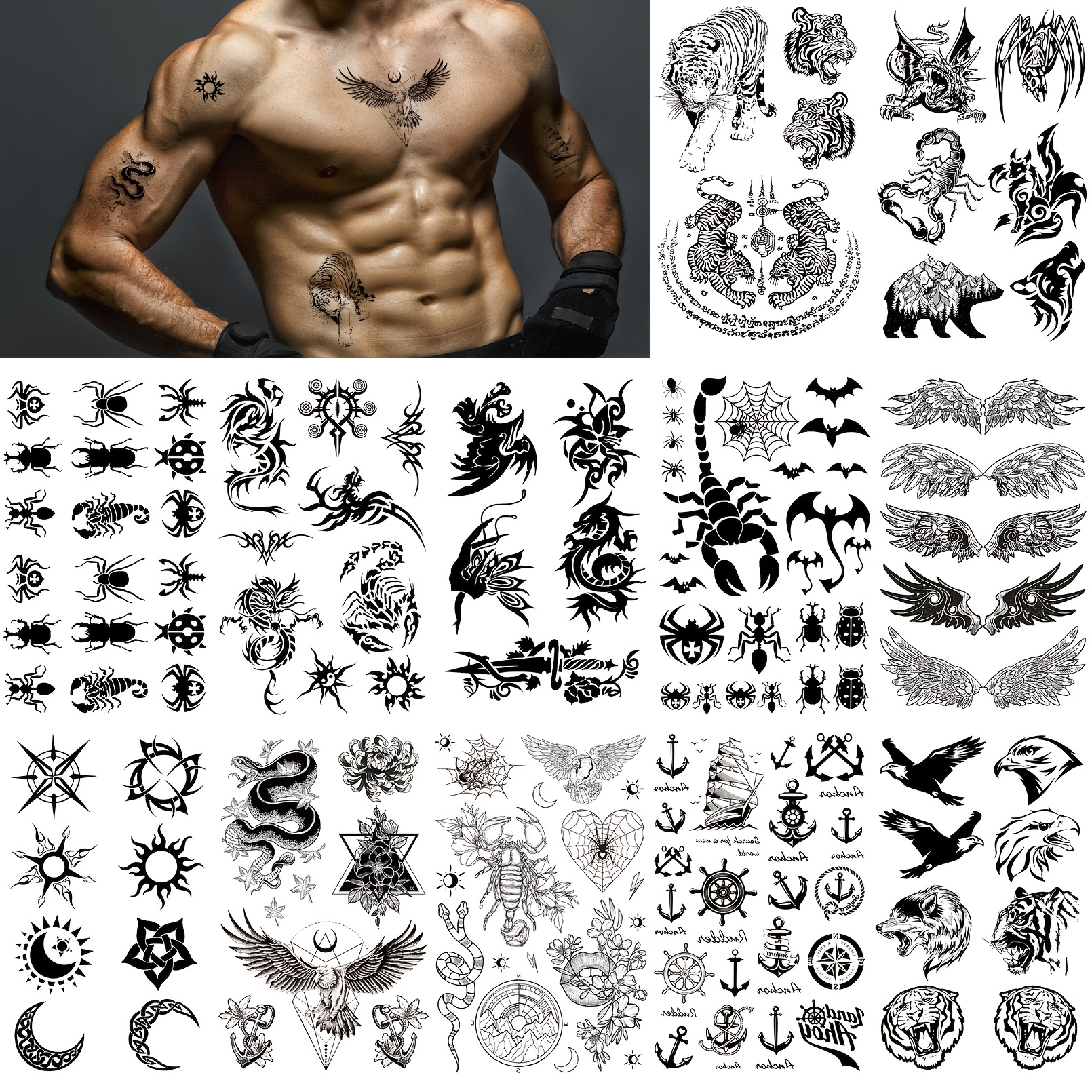 PUSNMI Custom Temporary Tattoos Kit for Men Women Traditional Fake Tattoos  Sailor Jerry Temporary Tattoos Vintage Flower Eagle Butterfly Tattoos for  Arm Hand Leg Wrist for Party Club