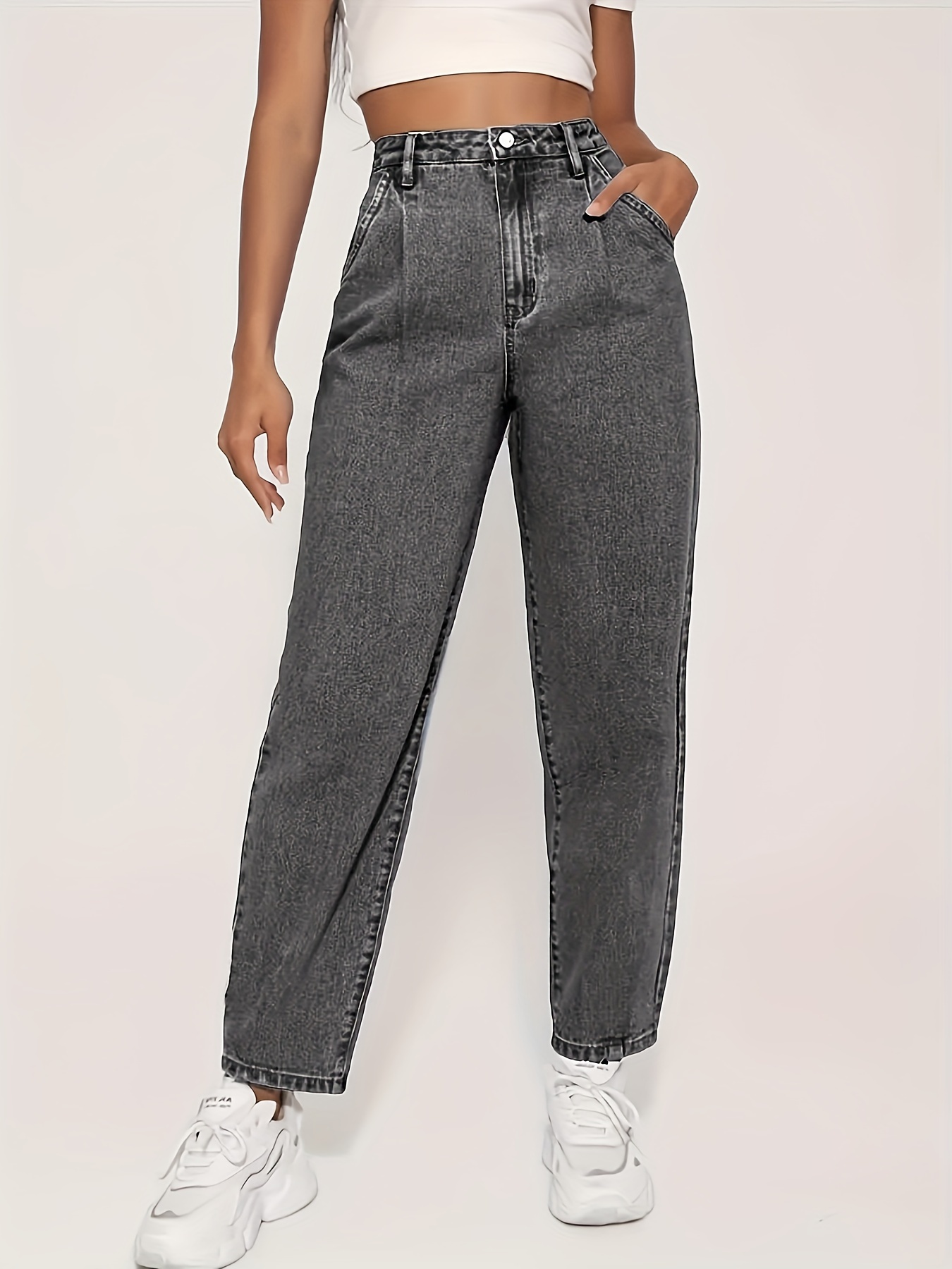 Plain Washed Casual Tapered Jeans, Slant Pockets Non-Stretch Straight Legs  Mom Jeans, Women's Denim Jeans & Clothing