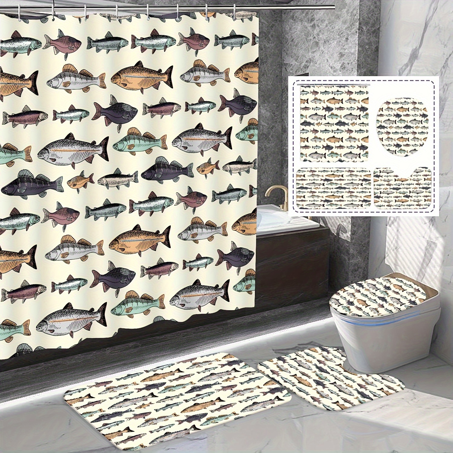 Fish Pattern Shower Curtain Set Bathroom Rug U shape Mat - Temu