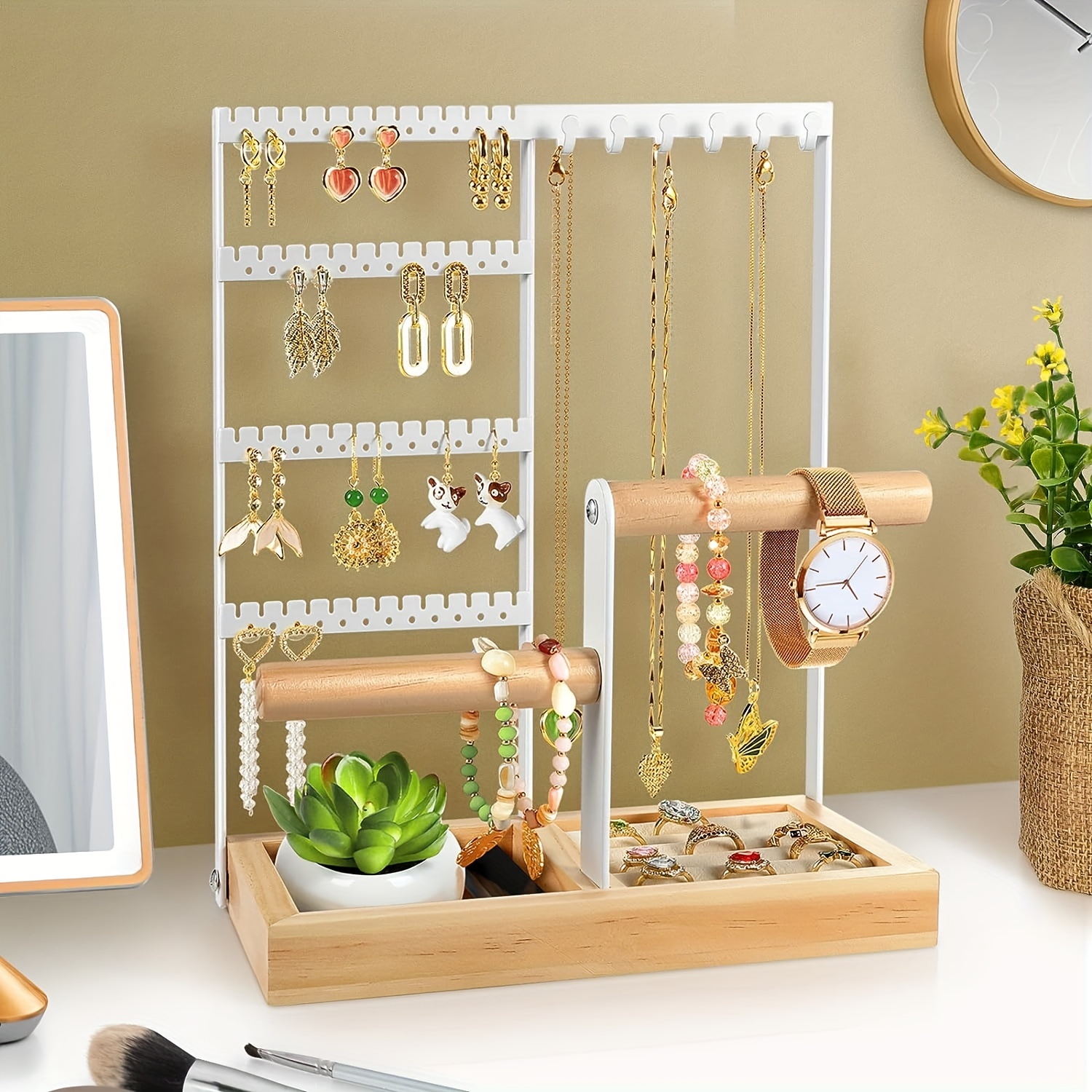 

1pc Metal Desktop Jewelry Rack With Tray For Necklace Earrings Bracelets Storage And Display, Household Storage And Organization For Bedroom, Dresser