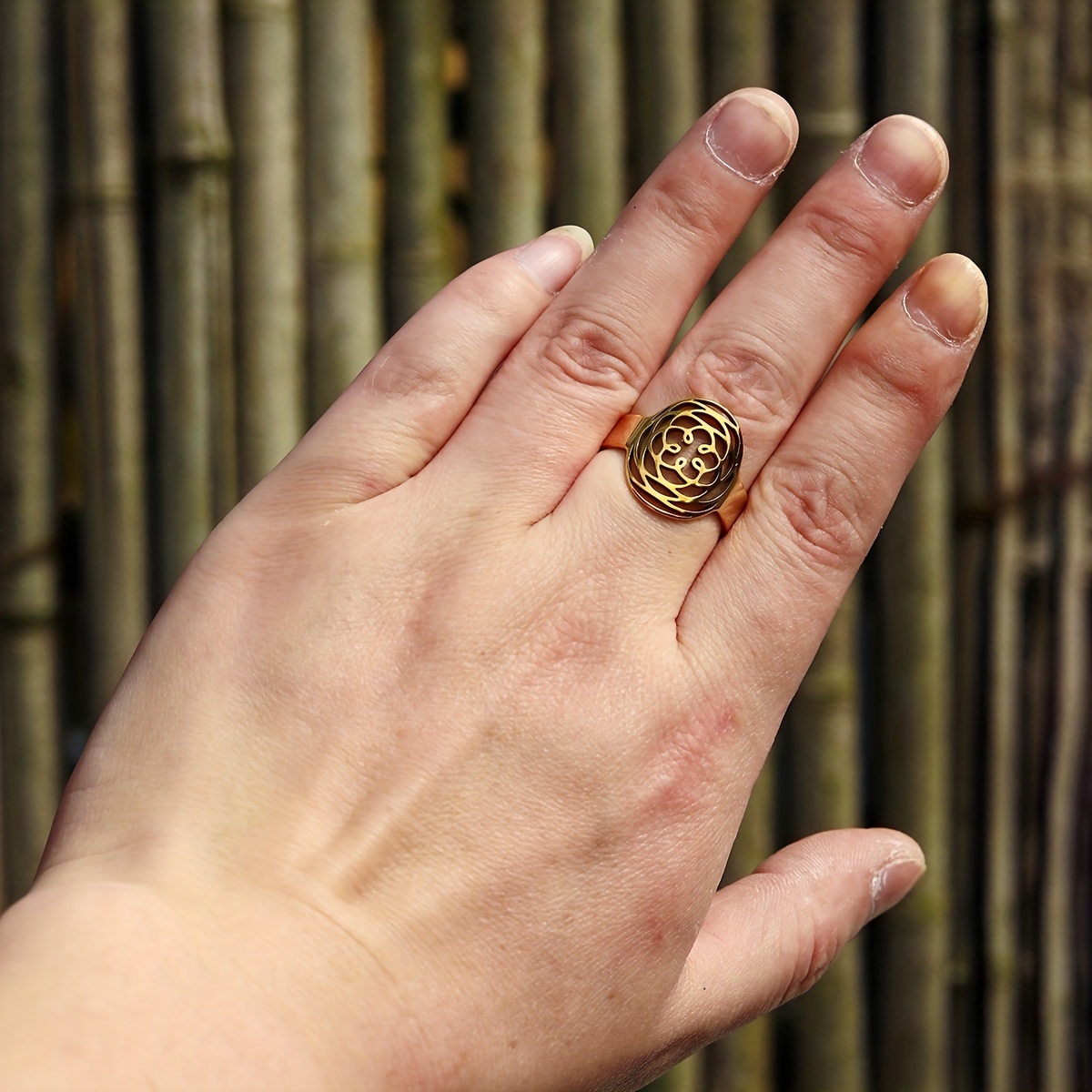 Golden Stainless Steel Rose Pattern Ring for Men