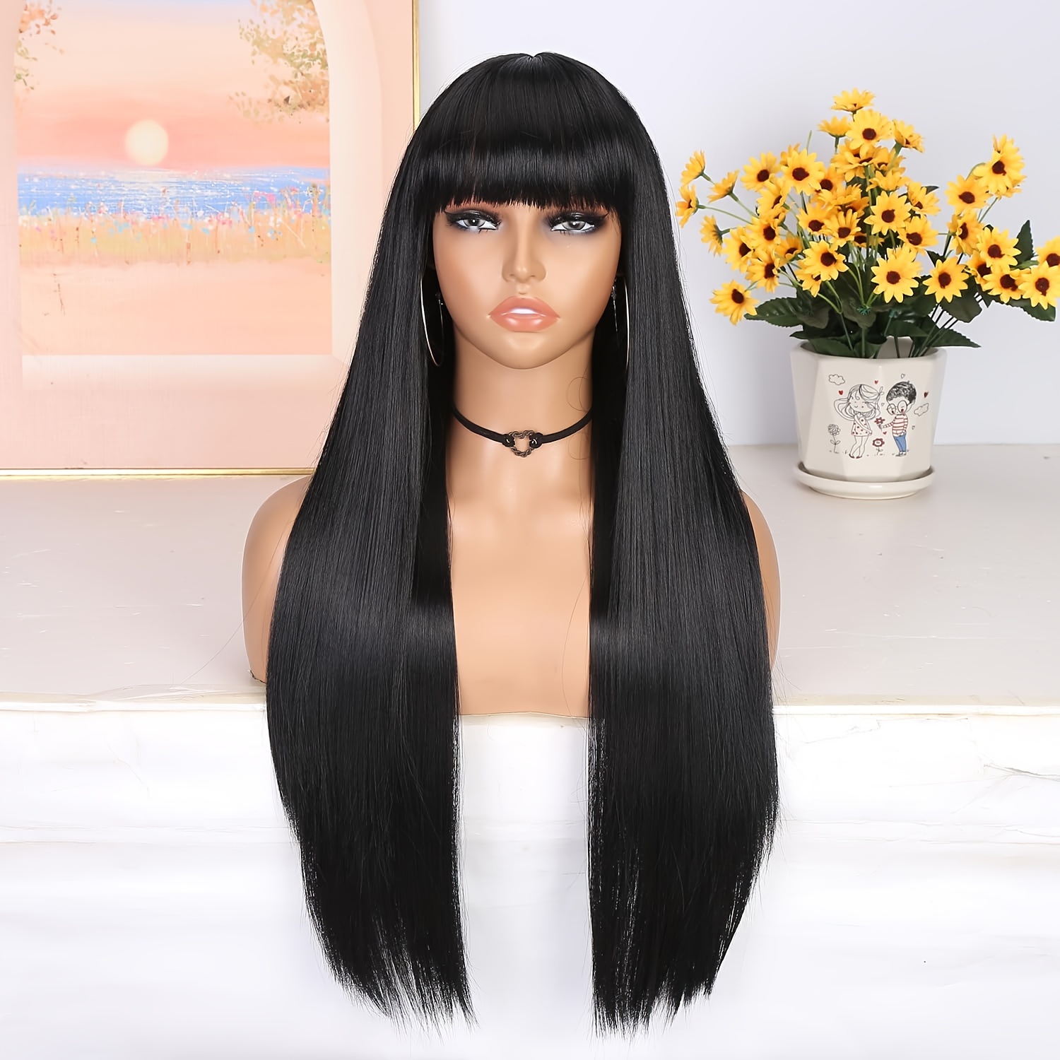 Long Black Wigs Bangs Straight Black Hair Dye Wig Women Temu