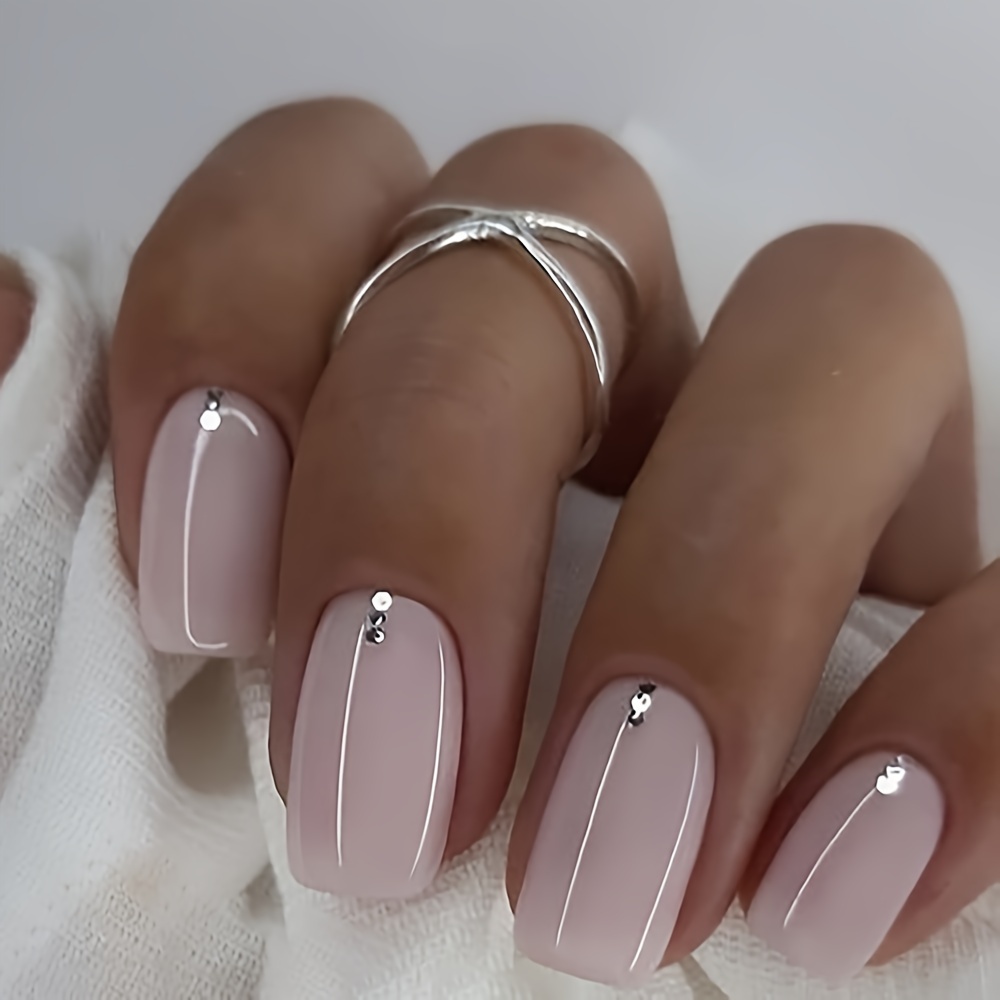

24pcs Glossy Light Pinkish Press On Nails With Rhinestone Design Short Square Fake Nails Minimalist Style False Nails Solid Color Full Cover Fake Nails For Women Girls