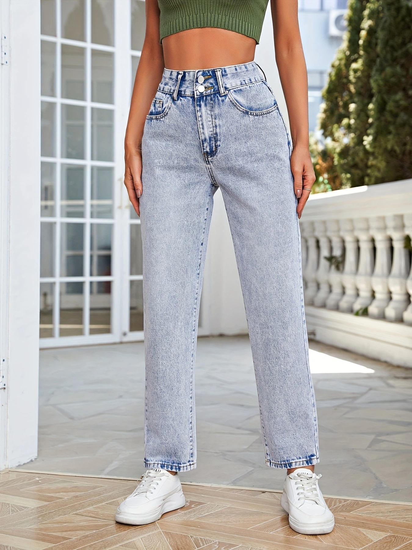 Double Button High Mom Jeans Light Washed Blue Slash - Temu South Africa
