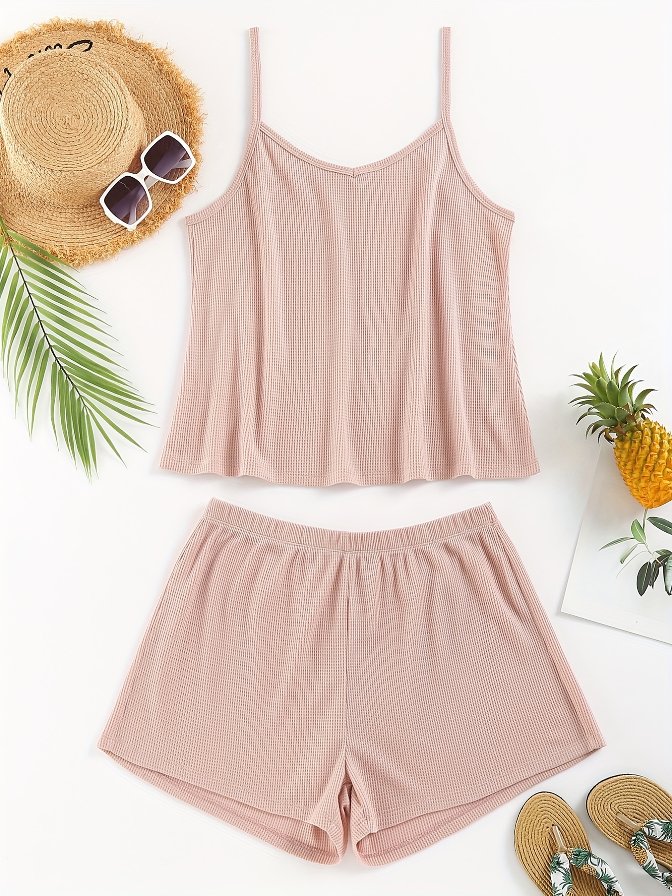 Solid V Neck Waffle Camisole & Shorts Pajama Set