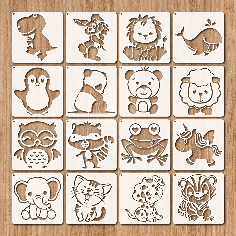 16pcs Cute Animal Stencils, 5.1 Inch Reusable Panda Bear Dinosaur Elephant  Rabbit Lion Stencil Template With Metal Open Ring, Sheep Tiger Cat Dog Art