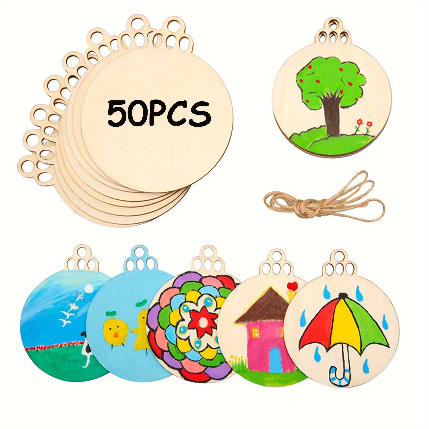 60 Pieces Wooden Snowflake Cutouts Christmas Wood Snowflake Decorations with 60 Pieces Twine Ropes for Kids Crafts Christmas Ornaments (60pcs)