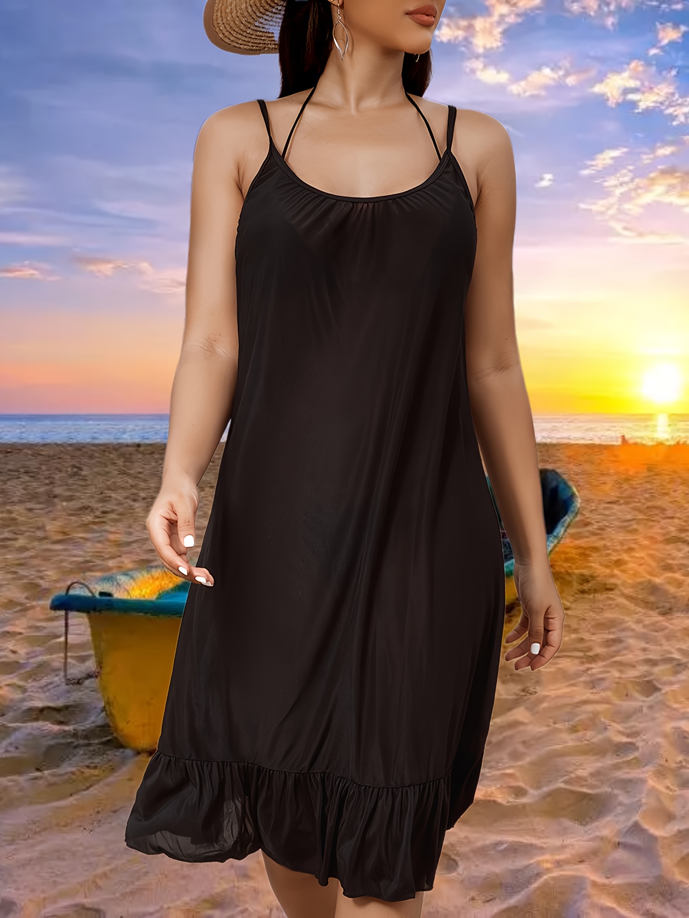 Ruffle Trim Cover-Up Dress in Black Beauty