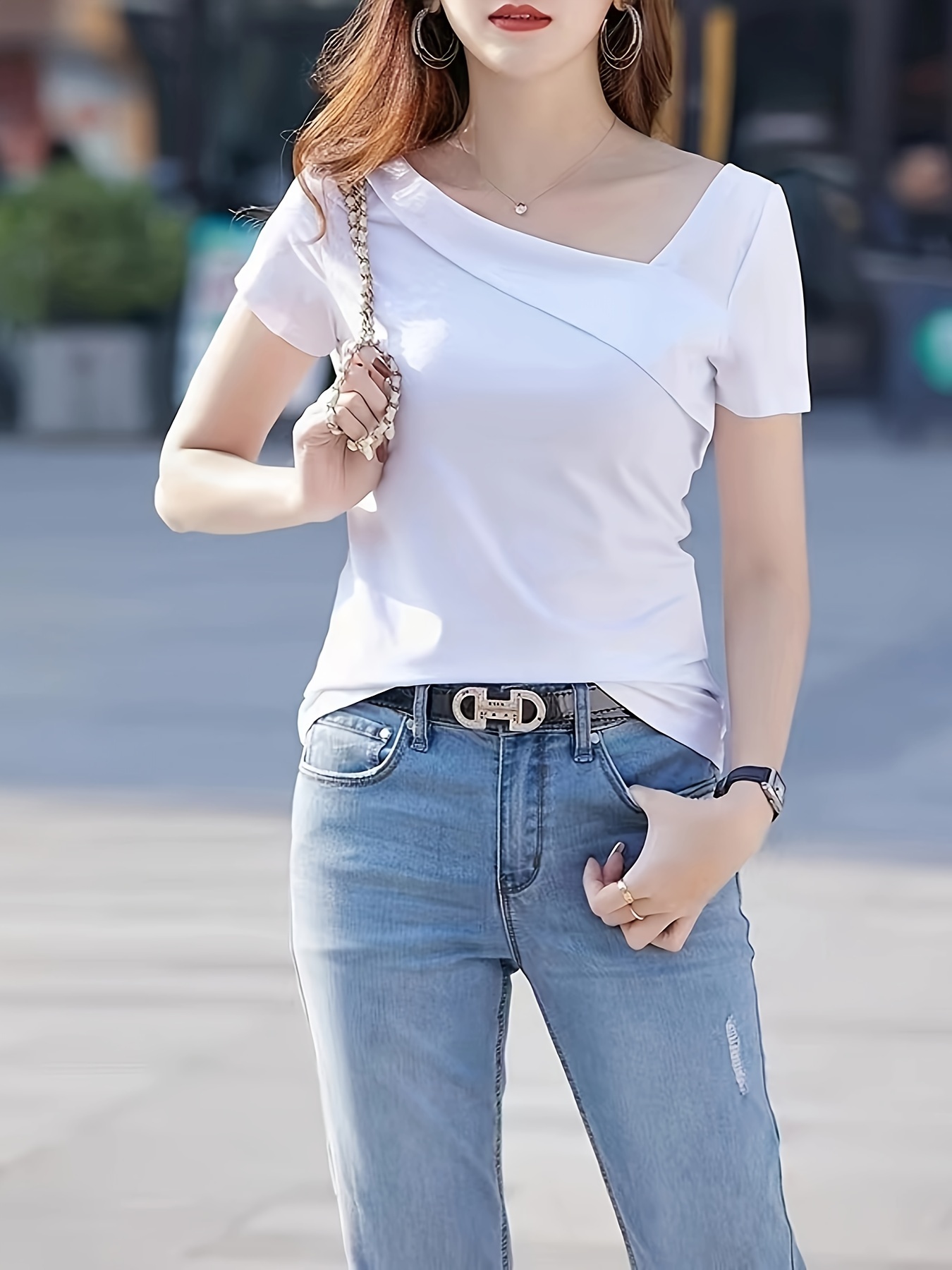 Solid Color Skew Neck T-Shirt, Casual Short Sleeve T-Shirt For Spring &  Summer, Women's Clothing